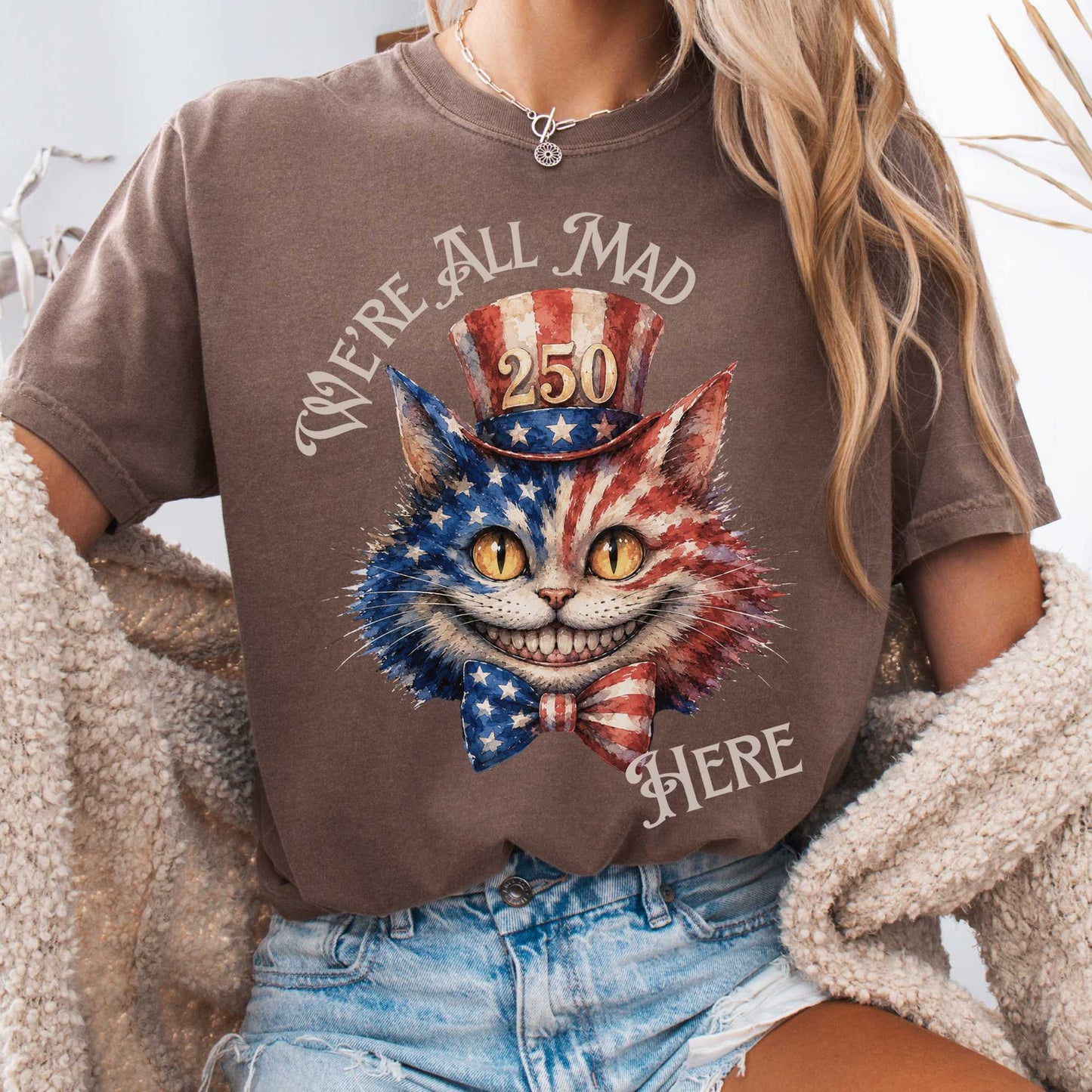 T-Shirt Espresso / S We're All Mad Here America 250 Cheshire Cat T-Shirt The Mystic Eden