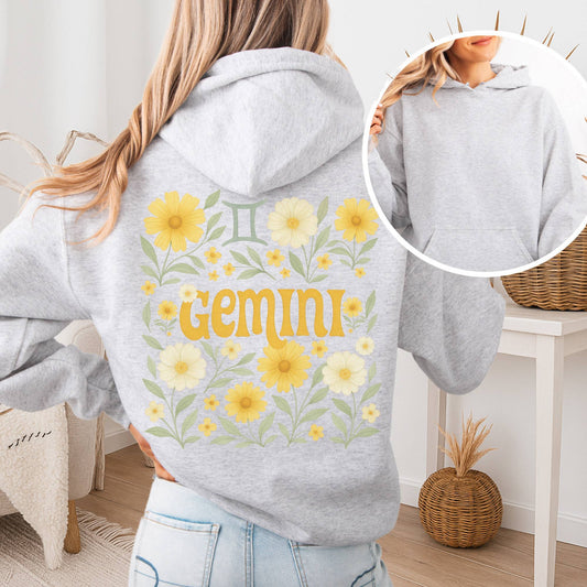 Hoodie Ash / S Gemini Hoodie – Retro Floral Zodiac Sweatshirt The Mystic Eden