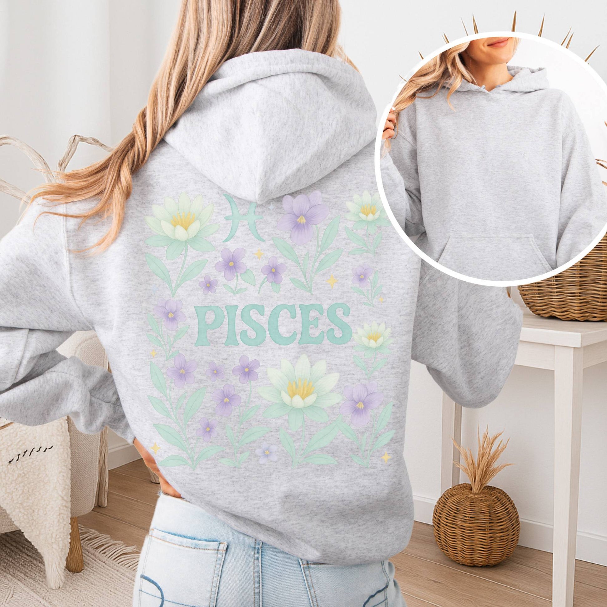 Hoodie Ash / S Pisces Hoodie – Retro Floral Zodiac Sweatshirt The Mystic Eden