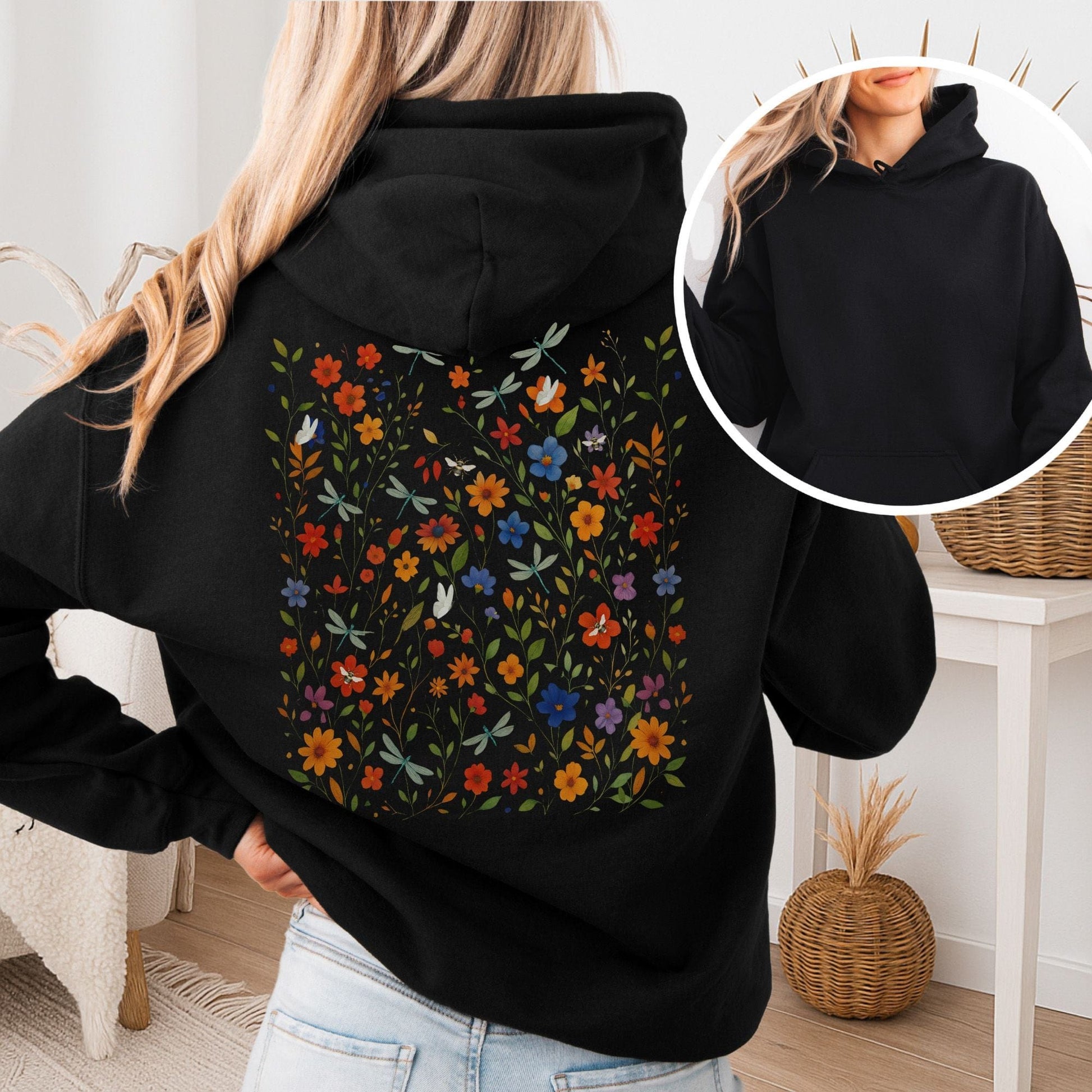 Hoodie Black / S Dragonfly Meadow Hoodie โ Whimsical Floral Tee The Mystic Eden