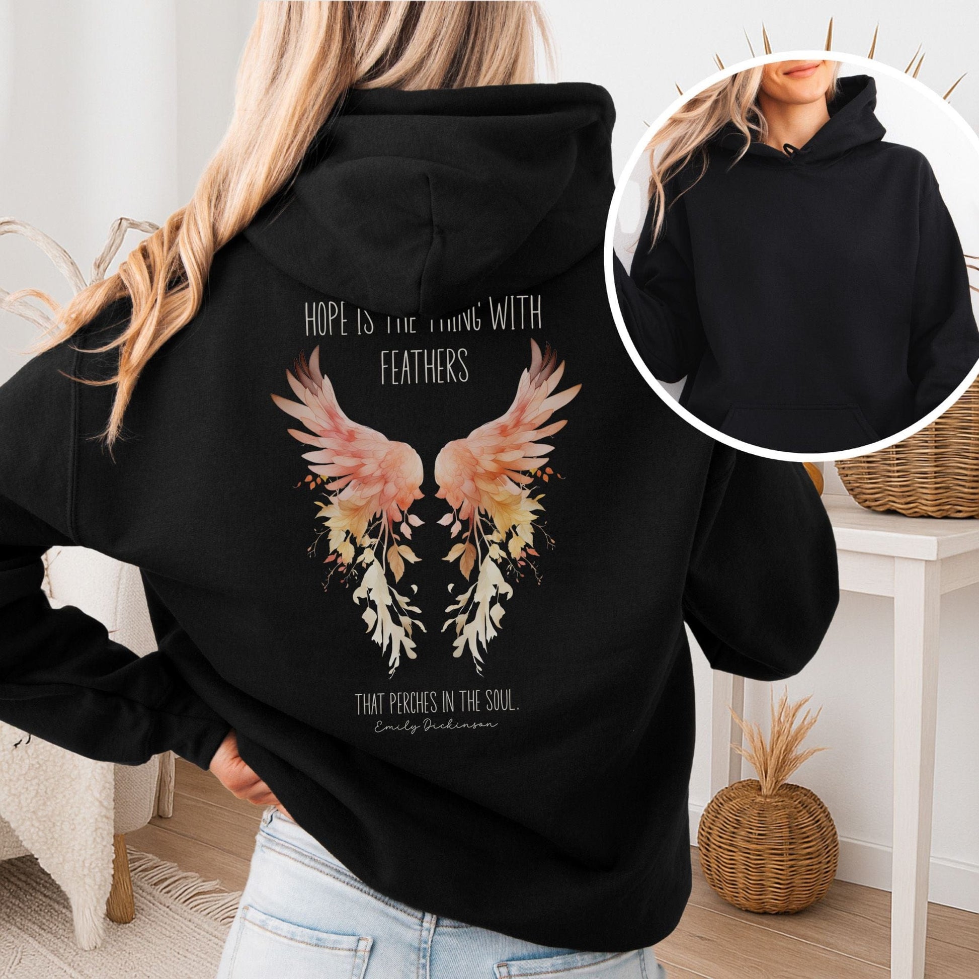 Hoodie Black / S Hope is the Thing With Feathers Hoodie Emily Dickinson – Literary Wings Tee The Mystic Eden