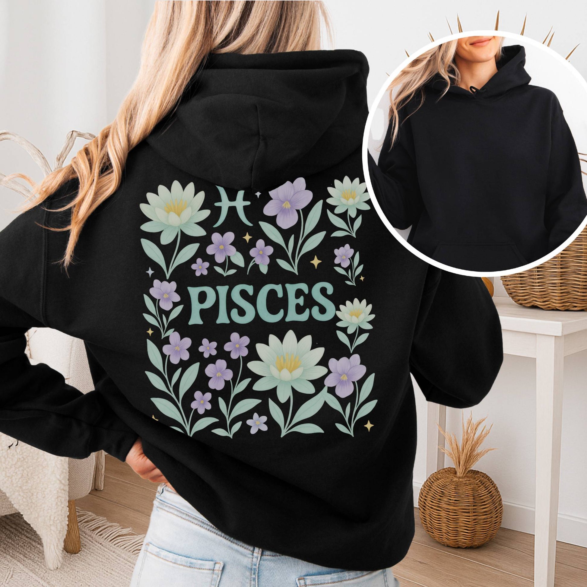 Hoodie Black / S Pisces Hoodie – Retro Floral Zodiac Sweatshirt The Mystic Eden