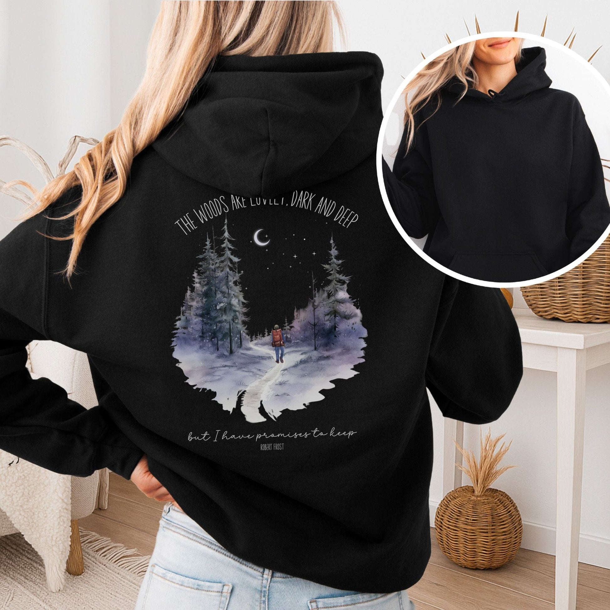 Hoodie Black / S The Woods Are Lovely Robert Frost Hoodie โ Winter Poetry Tee The Mystic Eden