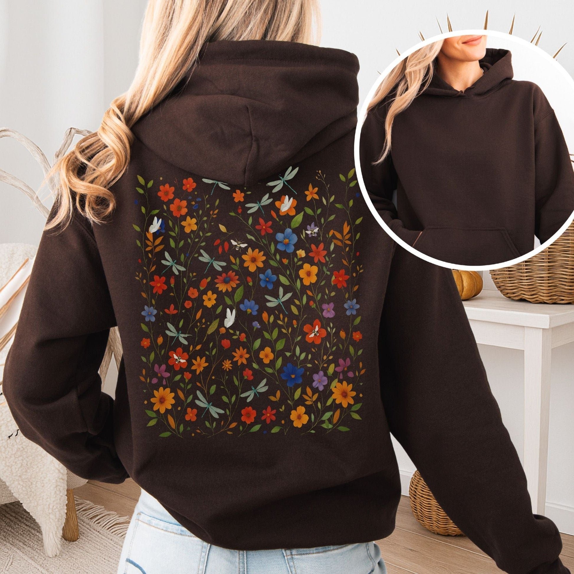 Hoodie Dark Chocolate / S Dragonfly Meadow Hoodie โ Whimsical Floral Tee The Mystic Eden
