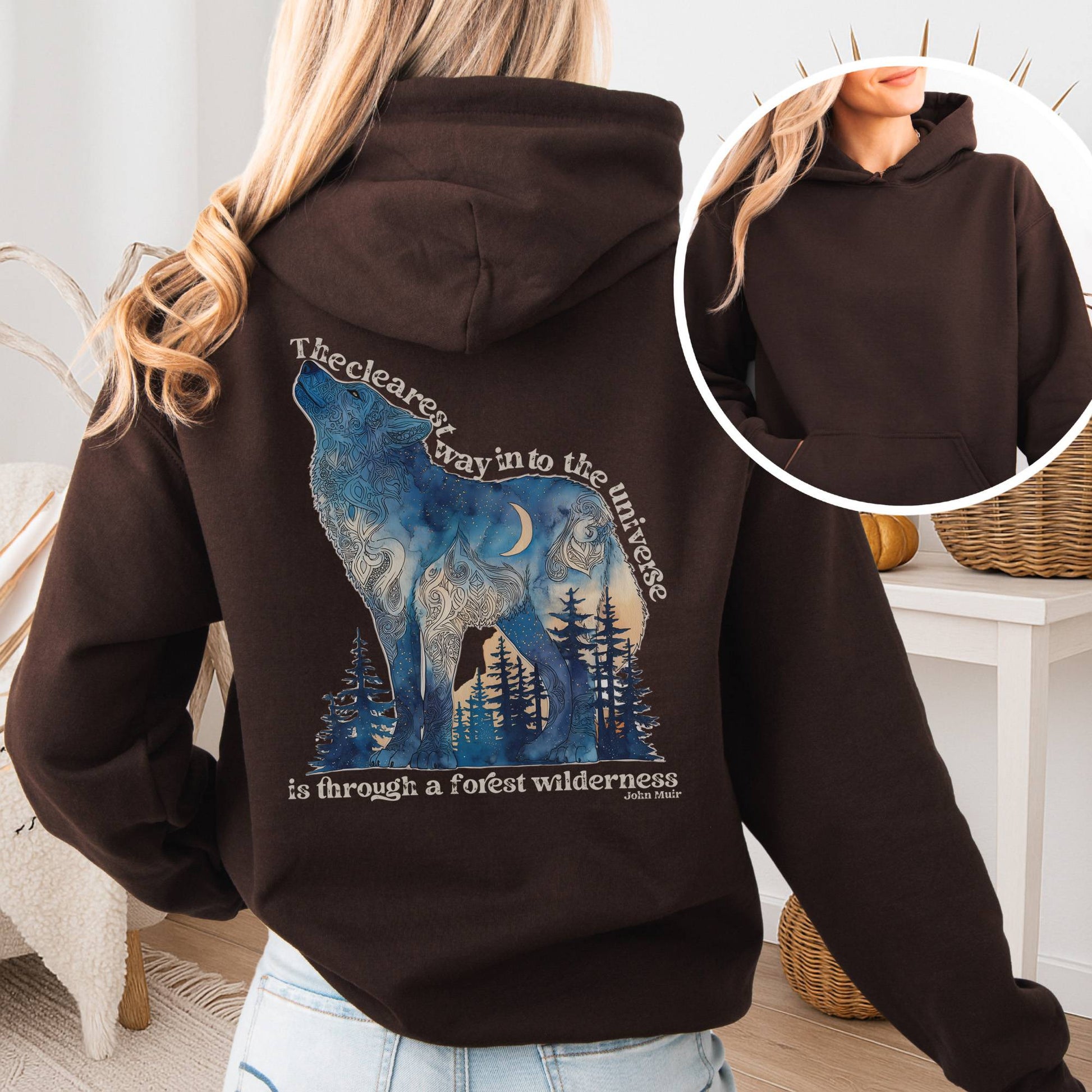 Hoodie Dark Chocolate / S Forest Wilderness Wolf Hoodie โ Nature Quote Tee The Mystic Eden