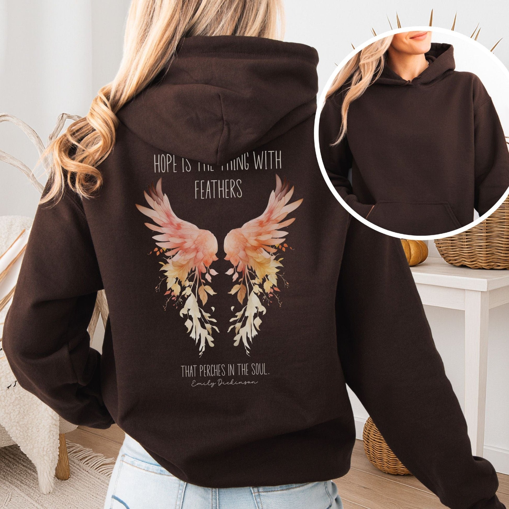 Hoodie Dark Chocolate / S Hope is the Thing With Feathers Hoodie Emily Dickinson – Literary Wings Tee The Mystic Eden