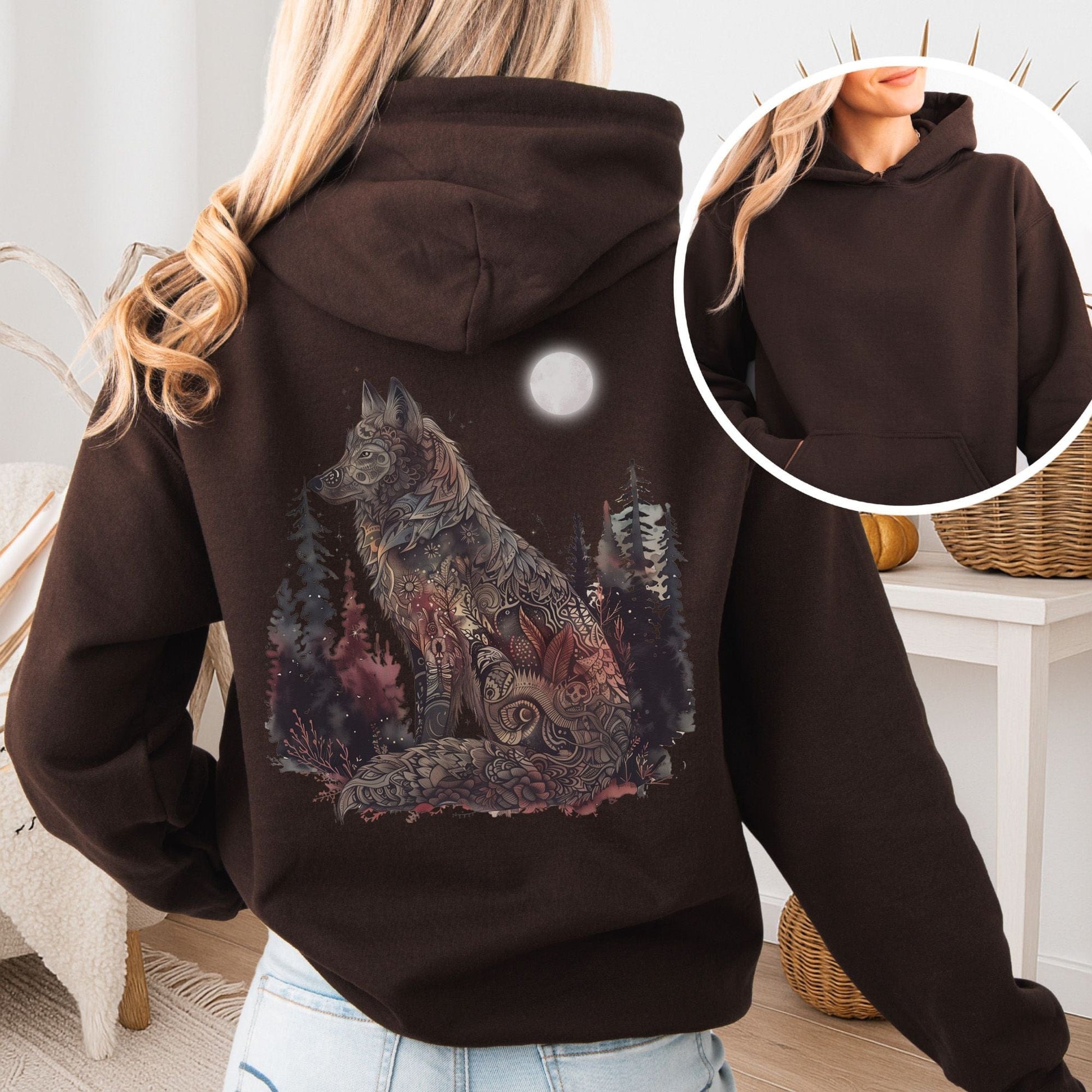 Hoodie Dark Chocolate / S Nightfall Wolf Hoodie β Mystical Forestcore Tee The Mystic Eden