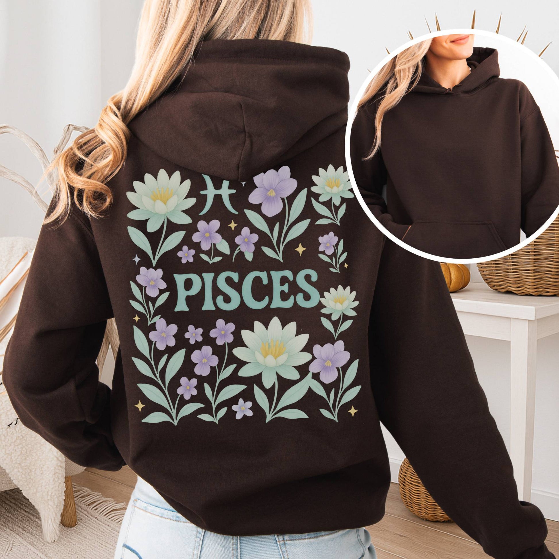 Hoodie Dark Chocolate / S Pisces Hoodie – Retro Floral Zodiac Sweatshirt The Mystic Eden
