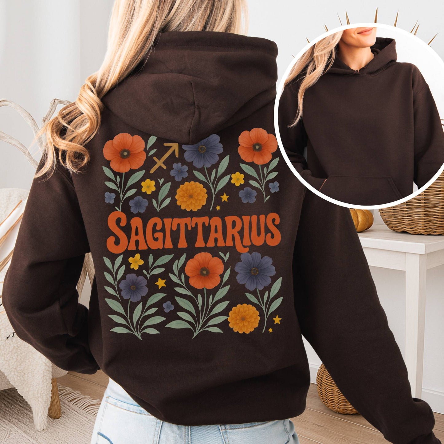 Hoodie Dark Chocolate / S Sagittarius Hoodie β Retro Floral Zodiac Sweatshirt The Mystic Eden