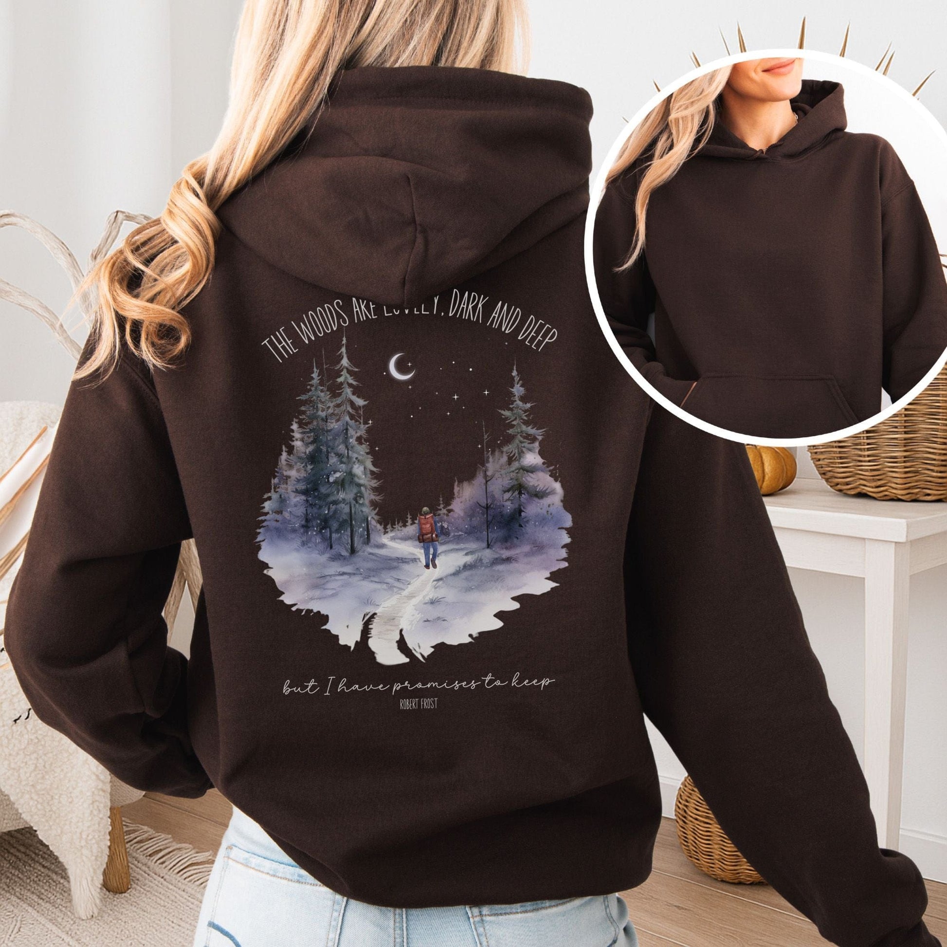 Hoodie Dark Chocolate / S The Woods Are Lovely Robert Frost Hoodie โ Winter Poetry Tee The Mystic Eden