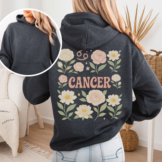 Hoodie Dark Heather / S Cancer Hoodie – Retro Floral Zodiac Sweatshirt The Mystic Eden