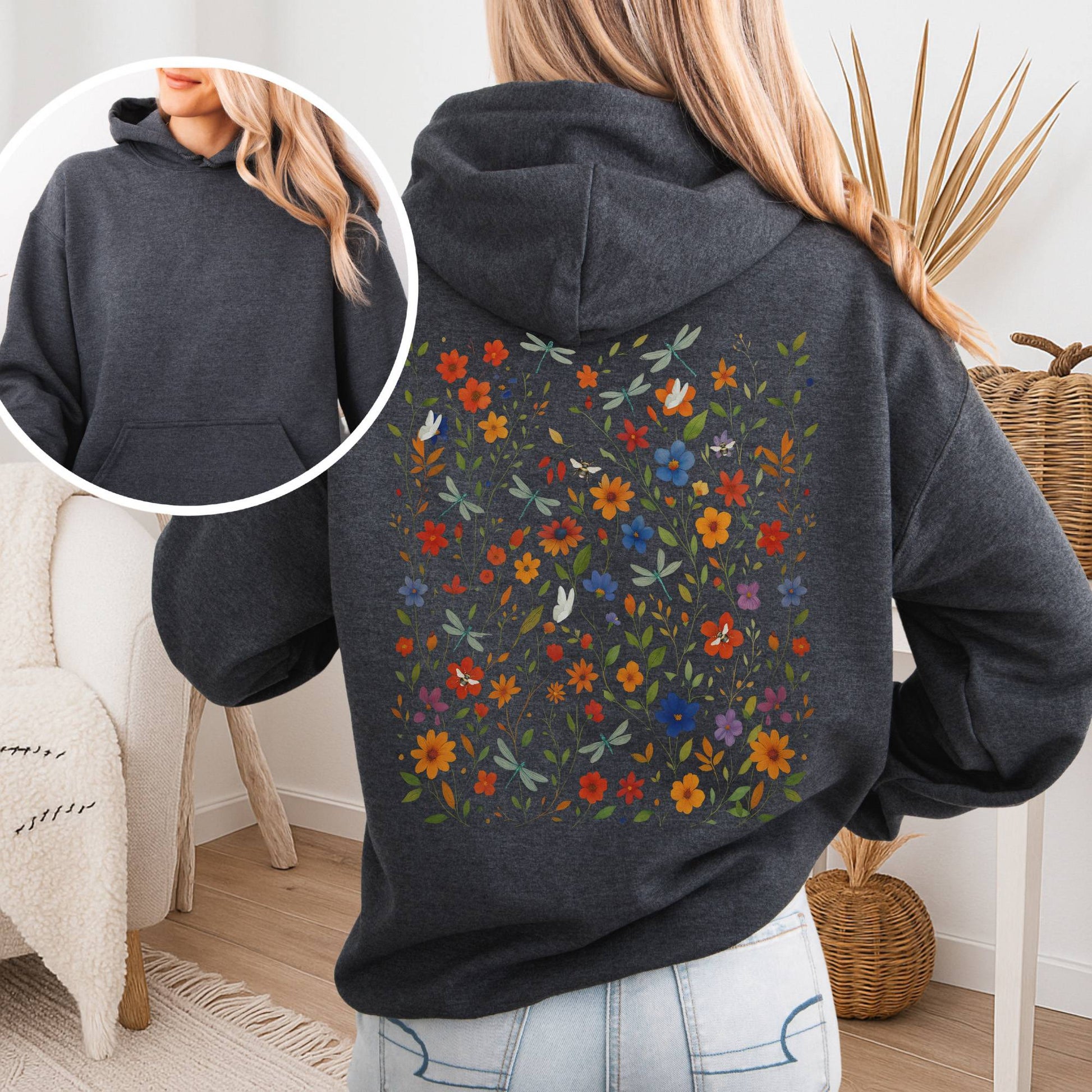 Hoodie Dark Heather / S Dragonfly Meadow Hoodie โ Whimsical Floral Tee The Mystic Eden