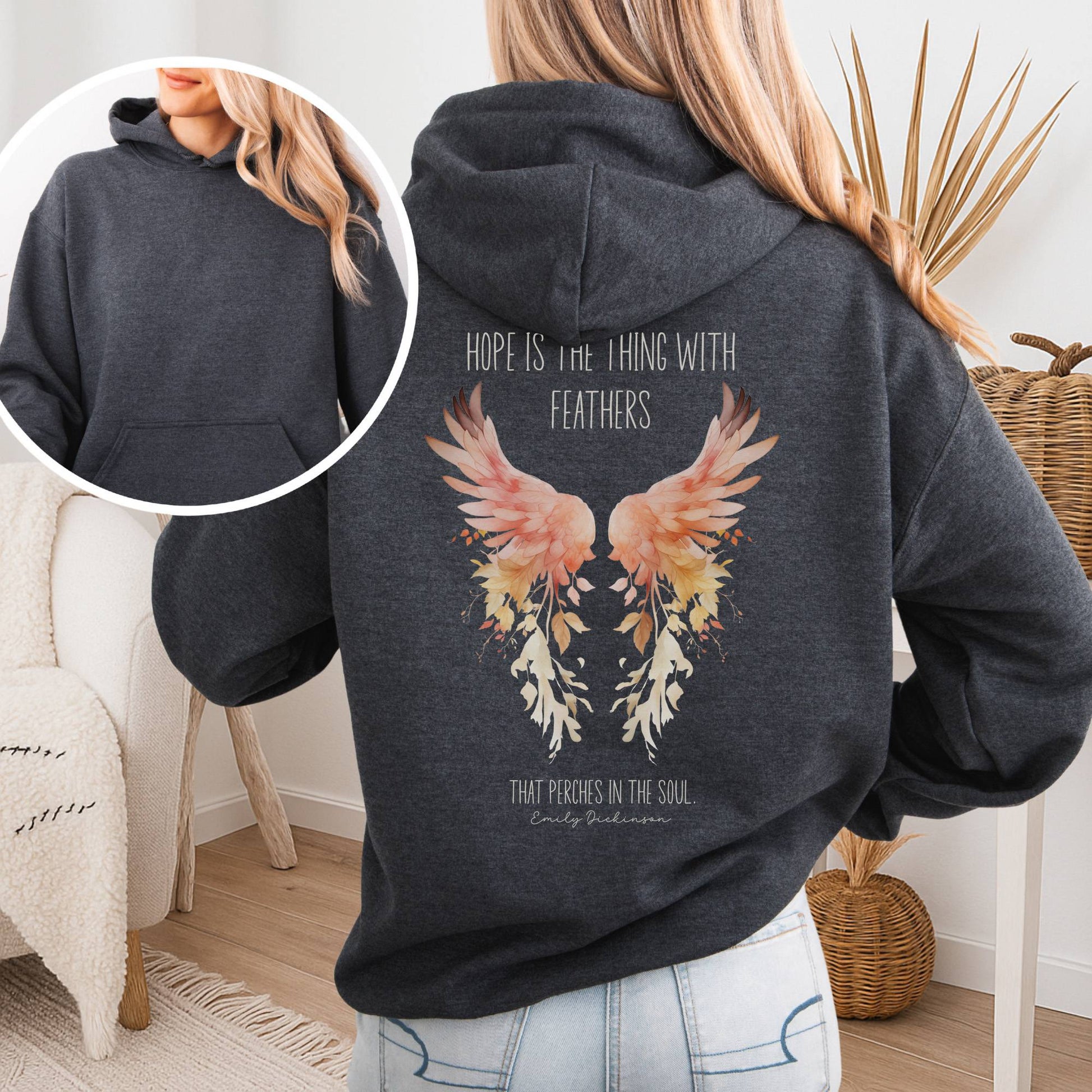 Hoodie Dark Heather / S Hope is the Thing With Feathers Hoodie Emily Dickinson – Literary Wings Tee The Mystic Eden