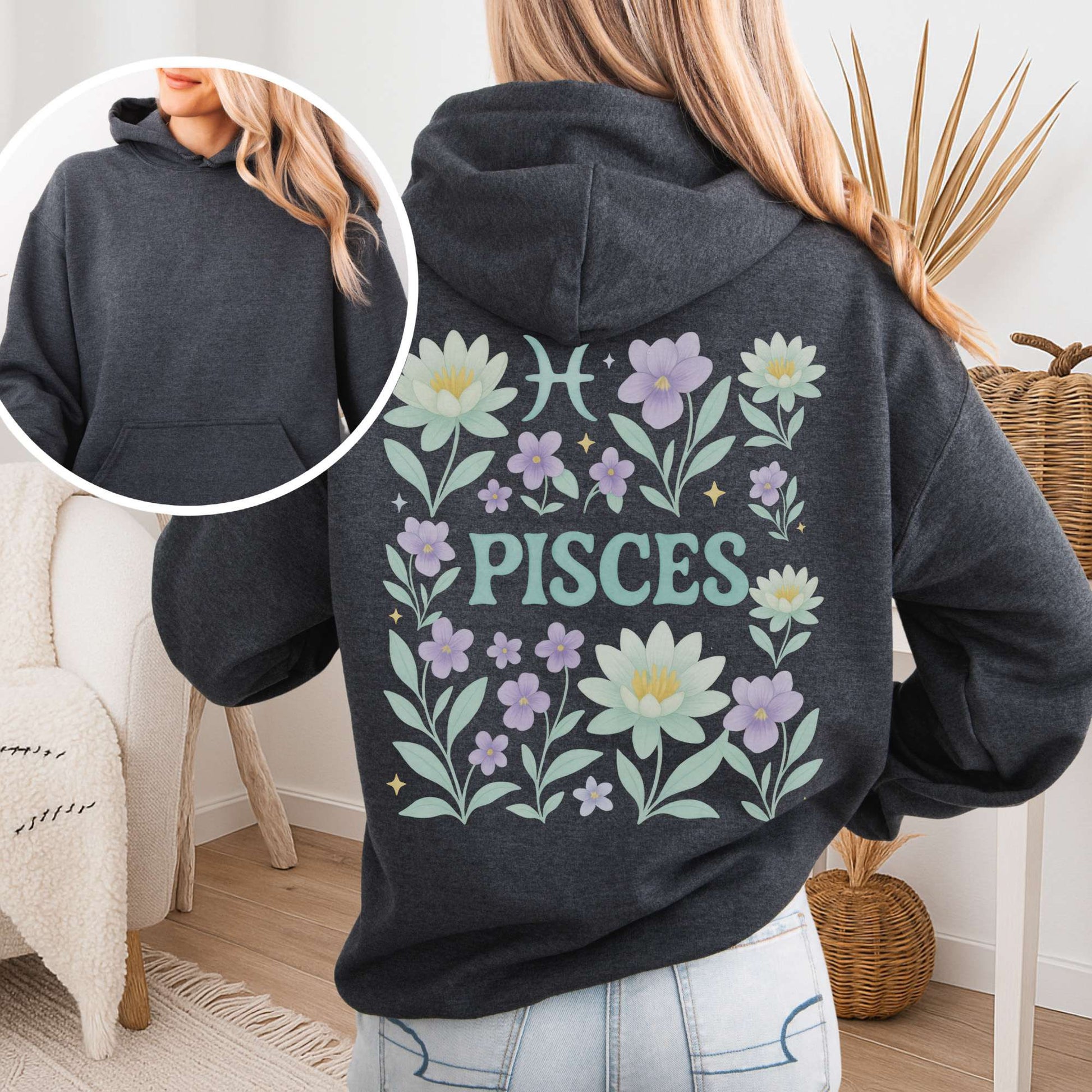 Hoodie Dark Heather / S Pisces Hoodie – Retro Floral Zodiac Sweatshirt The Mystic Eden