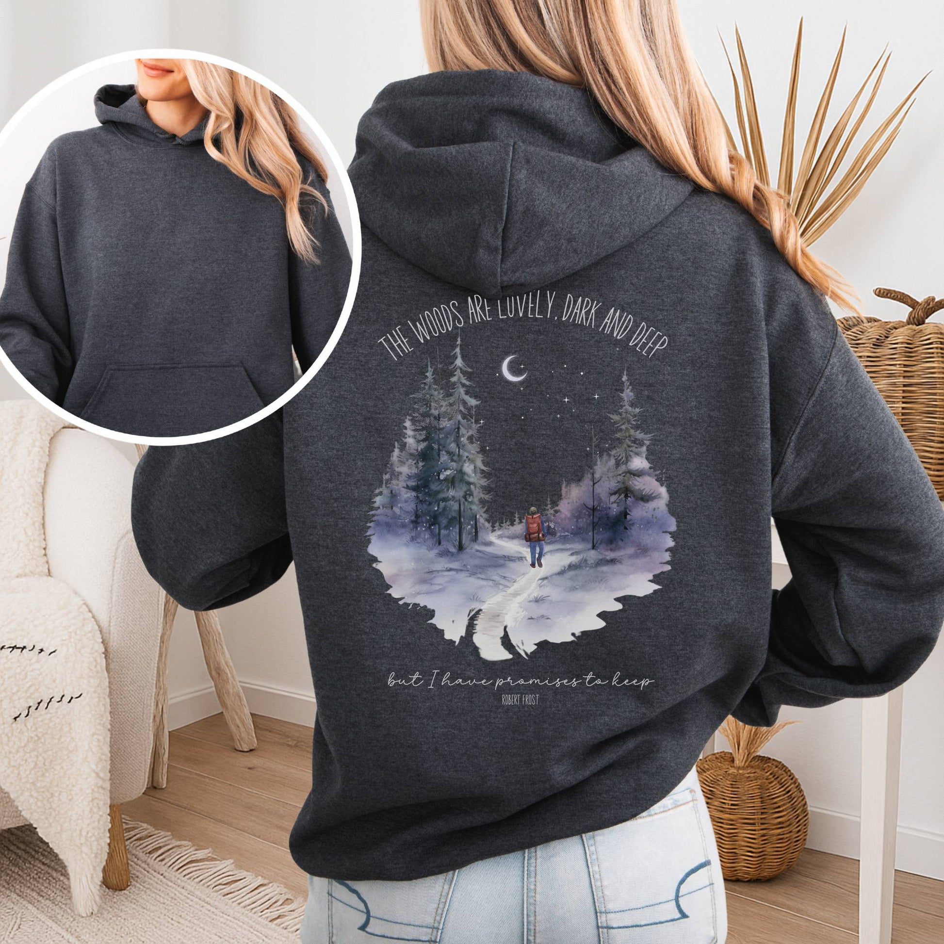 Hoodie Dark Heather / S The Woods Are Lovely Robert Frost Hoodie โ Winter Poetry Tee The Mystic Eden