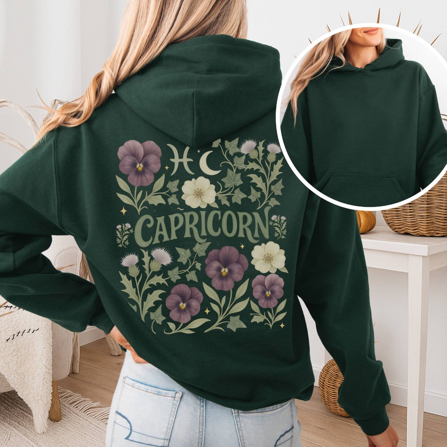 Hoodie Forest Green / S Capricorn Hoodie – Retro Floral Zodiac Sweatshirt The Mystic Eden