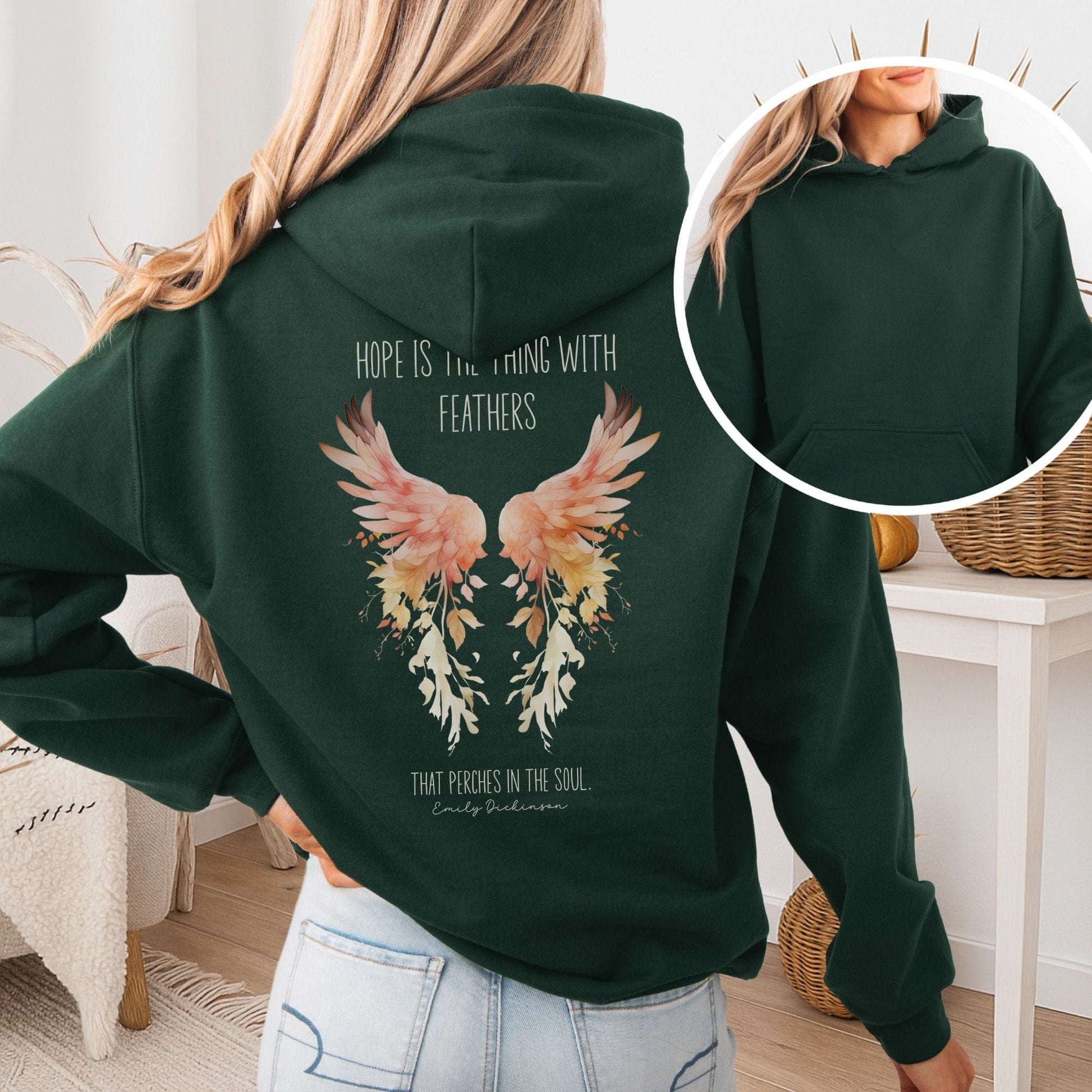 Hoodie Forest Green / S Hope is the Thing With Feathers Hoodie Emily Dickinson – Literary Wings Tee The Mystic Eden