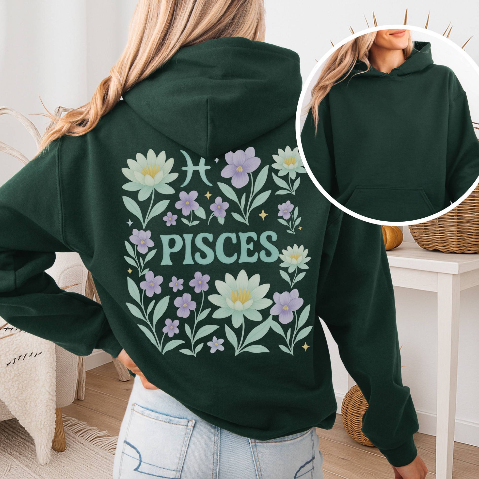 Hoodie Forest Green / S Pisces Hoodie – Retro Floral Zodiac Sweatshirt The Mystic Eden