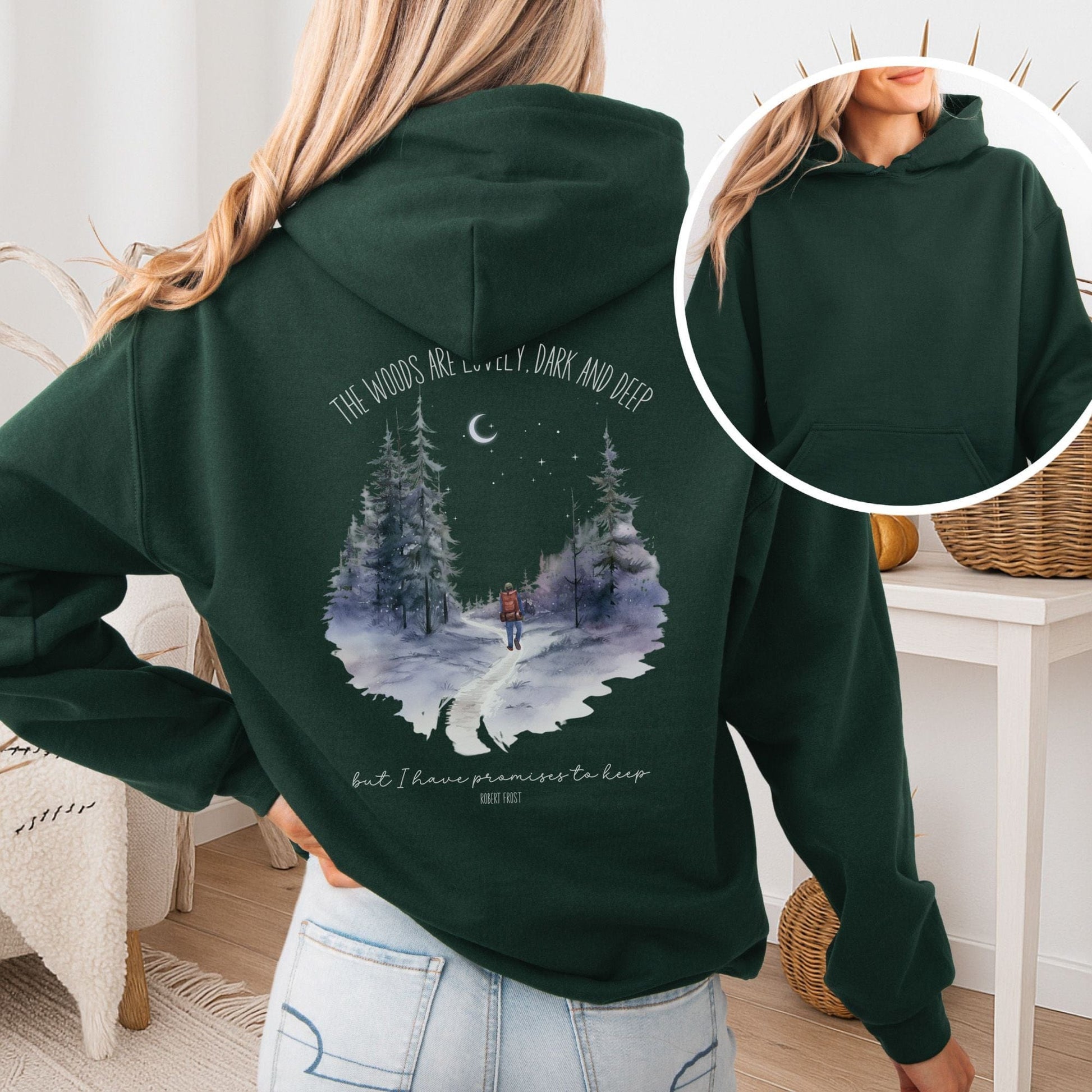 Hoodie Forest Green / S The Woods Are Lovely Robert Frost Hoodie โ Winter Poetry Tee The Mystic Eden