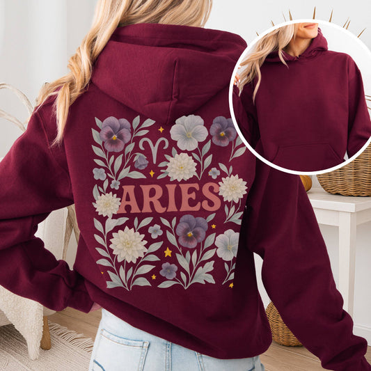 Hoodie Maroon / S Aries Hoodie – Retro Floral Zodiac Sweatshirt The Mystic Eden