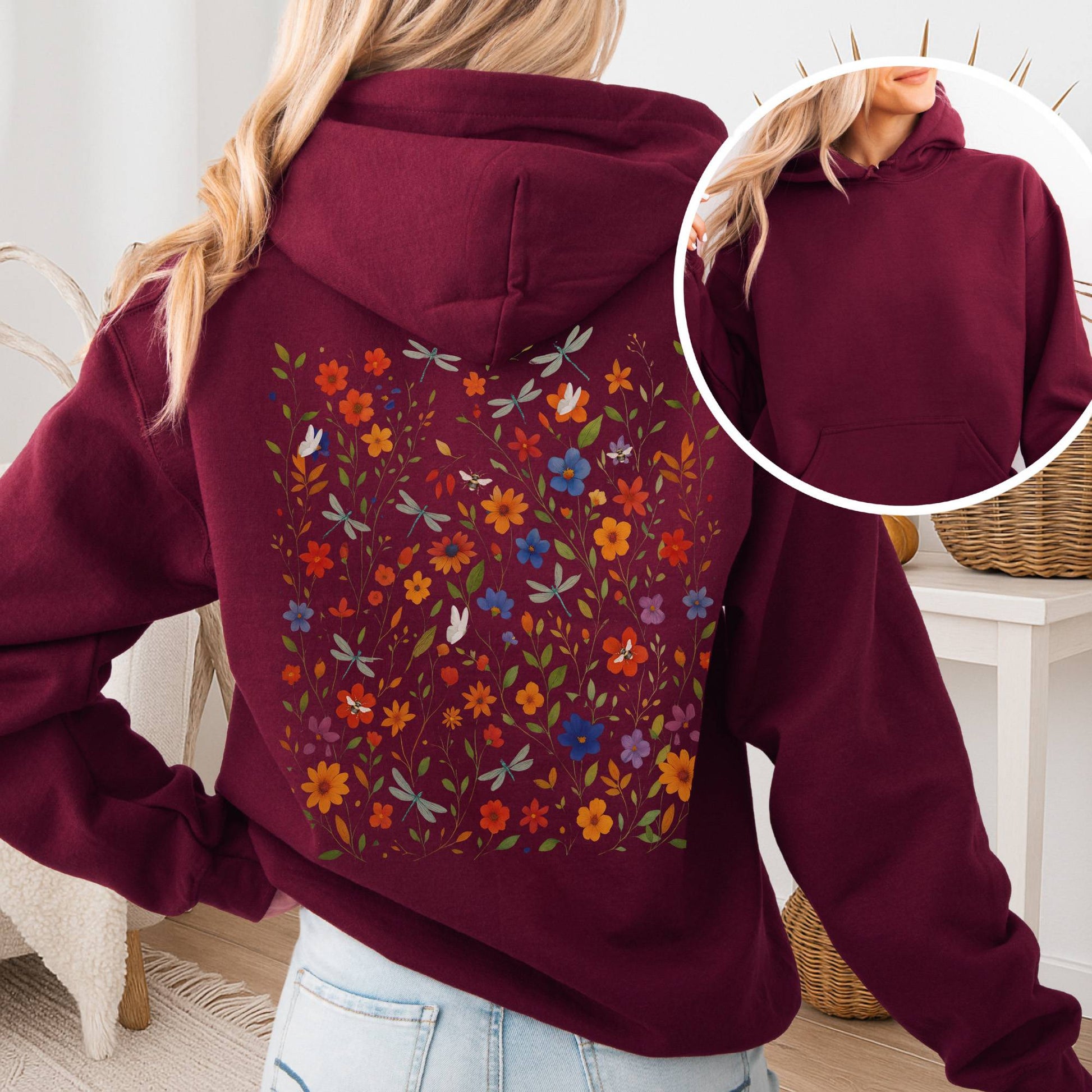 Hoodie Maroon / S Dragonfly Meadow Hoodie โ Whimsical Floral Tee The Mystic Eden