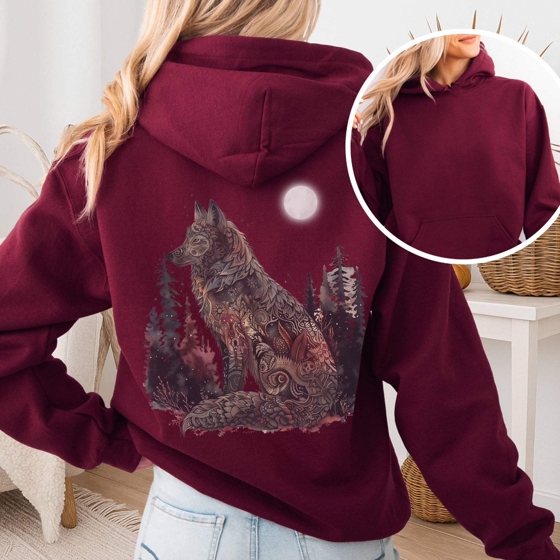 Hoodie Maroon / S Nightfall Wolf Hoodie β Mystical Forestcore Tee The Mystic Eden