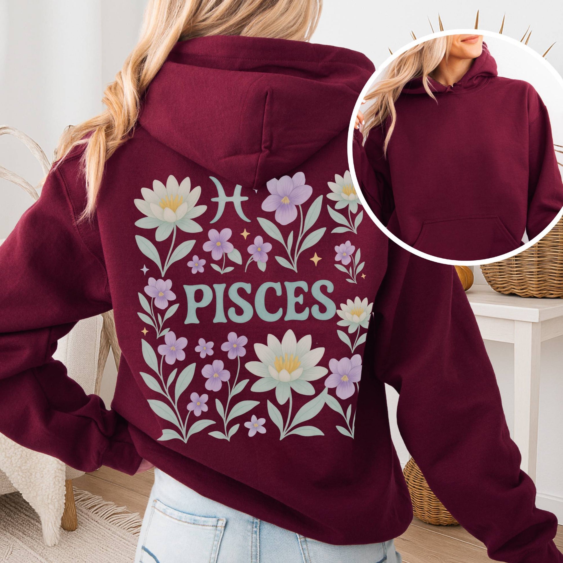 Hoodie Maroon / S Pisces Hoodie – Retro Floral Zodiac Sweatshirt The Mystic Eden
