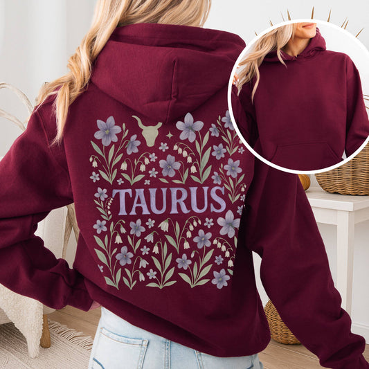 Hoodie Maroon / S Taurus Hoodie β Retro Floral Zodiac Sweatshirt The Mystic Eden