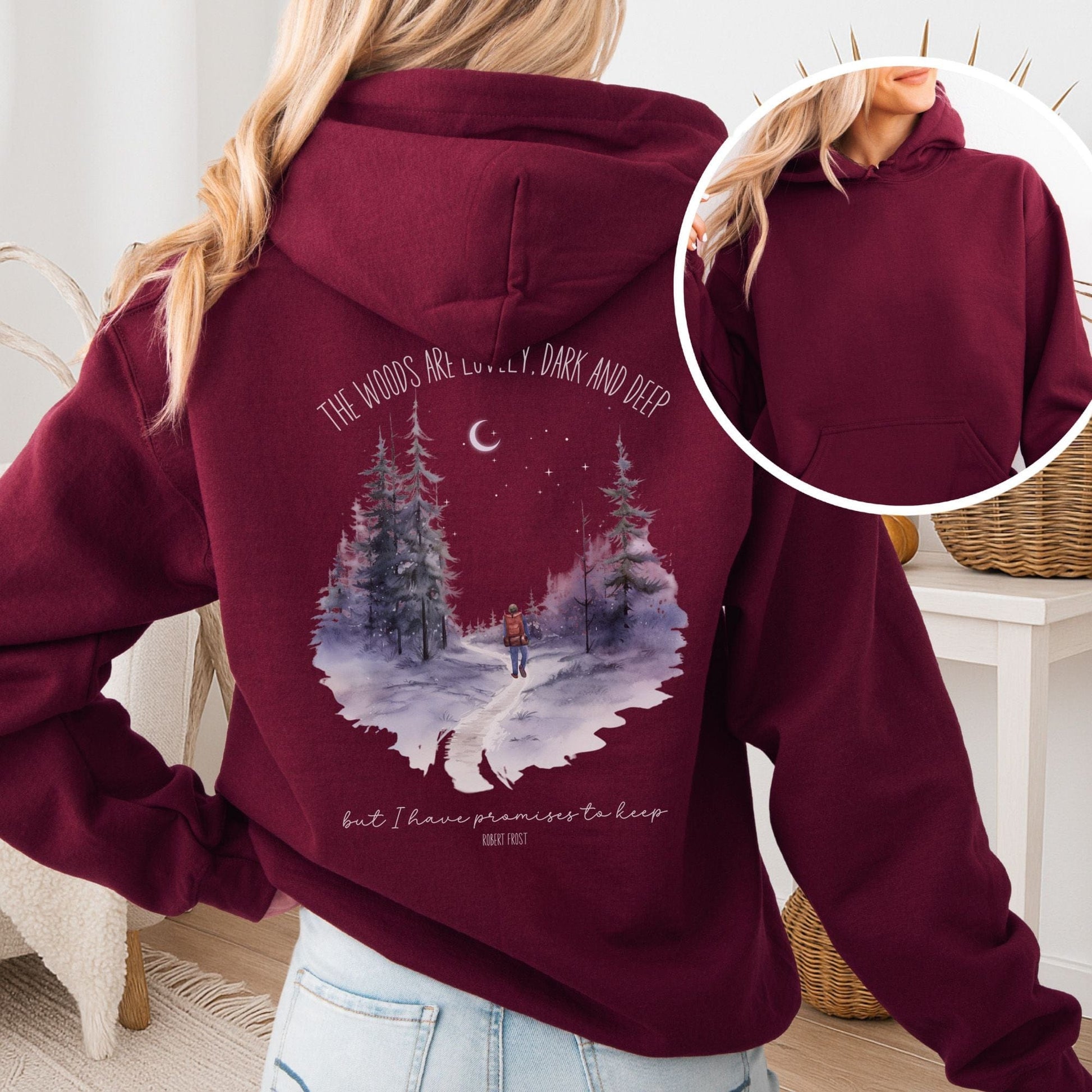 Hoodie Maroon / S The Woods Are Lovely Robert Frost Hoodie โ Winter Poetry Tee The Mystic Eden