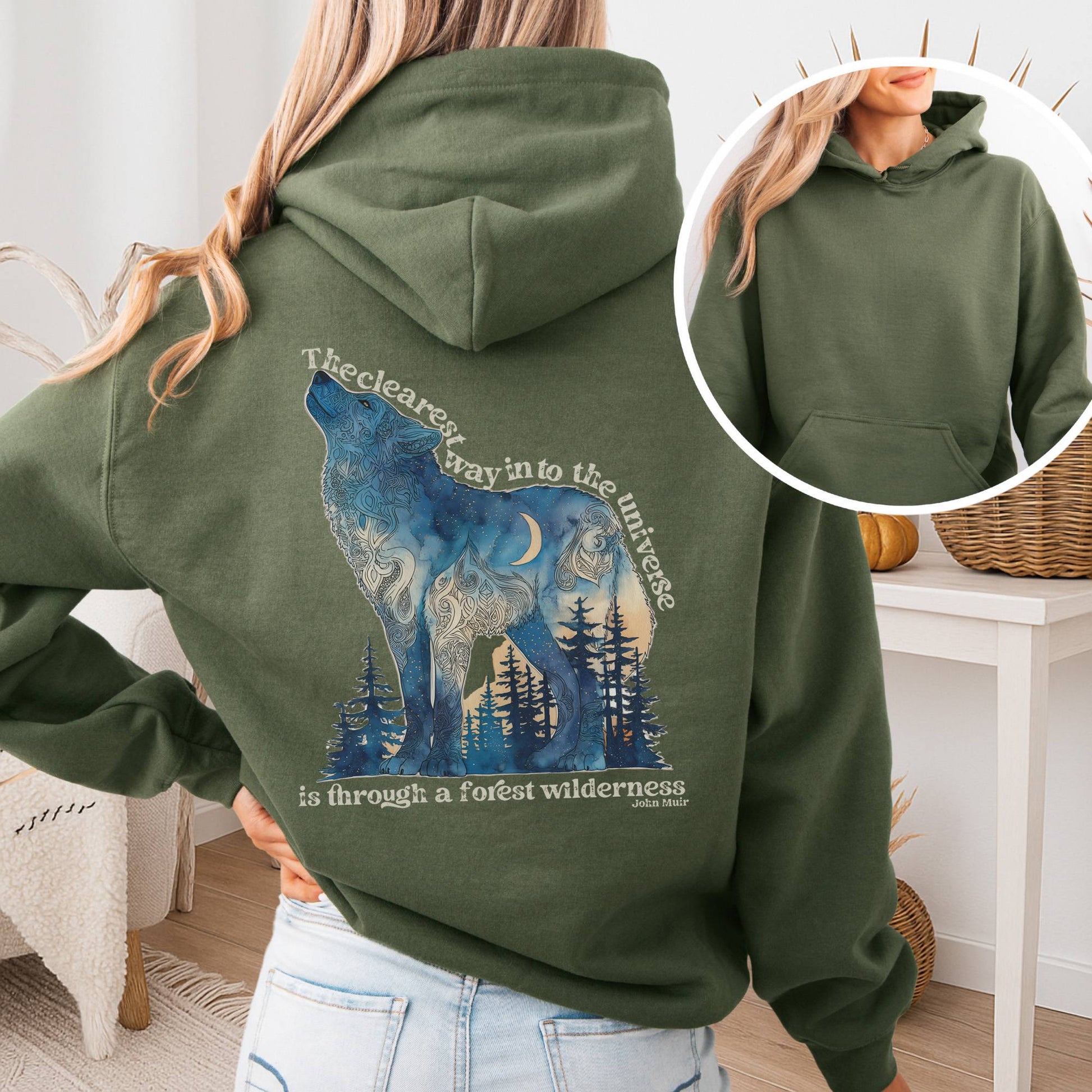 Hoodie Military Green / S Forest Wilderness Wolf Hoodie โ Nature Quote Tee The Mystic Eden