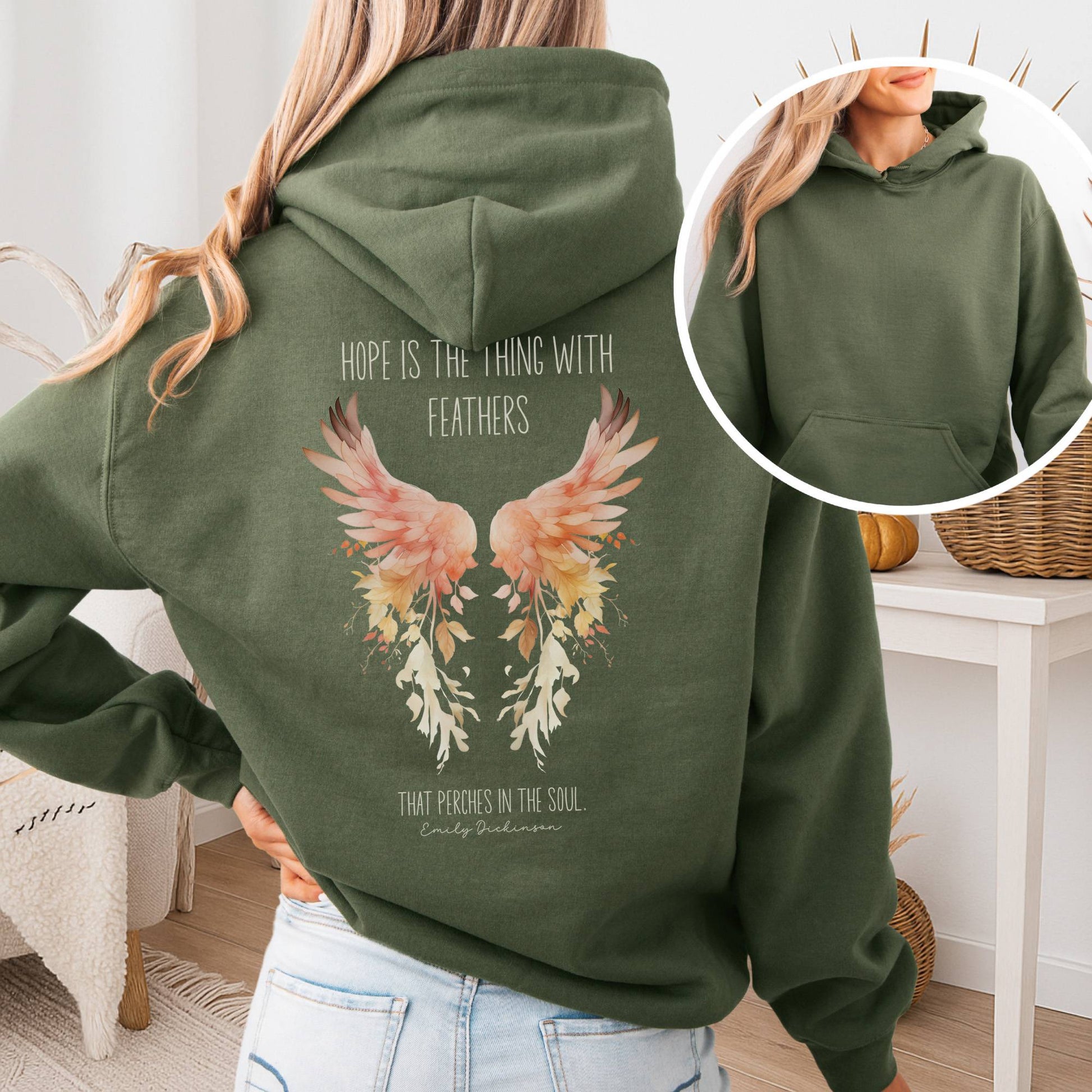 Hoodie Military Green / S Hope is the Thing With Feathers Hoodie Emily Dickinson – Literary Wings Tee The Mystic Eden