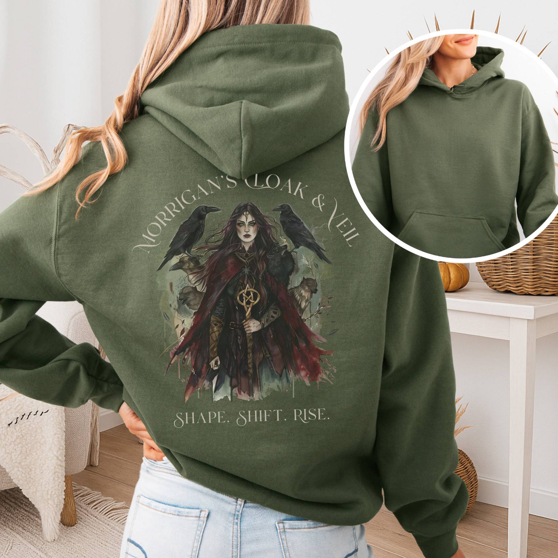 Hoodie Military Green / S Morrigan's Cloak & Veil Hoodie β Celtic Goddess Tee The Mystic Eden