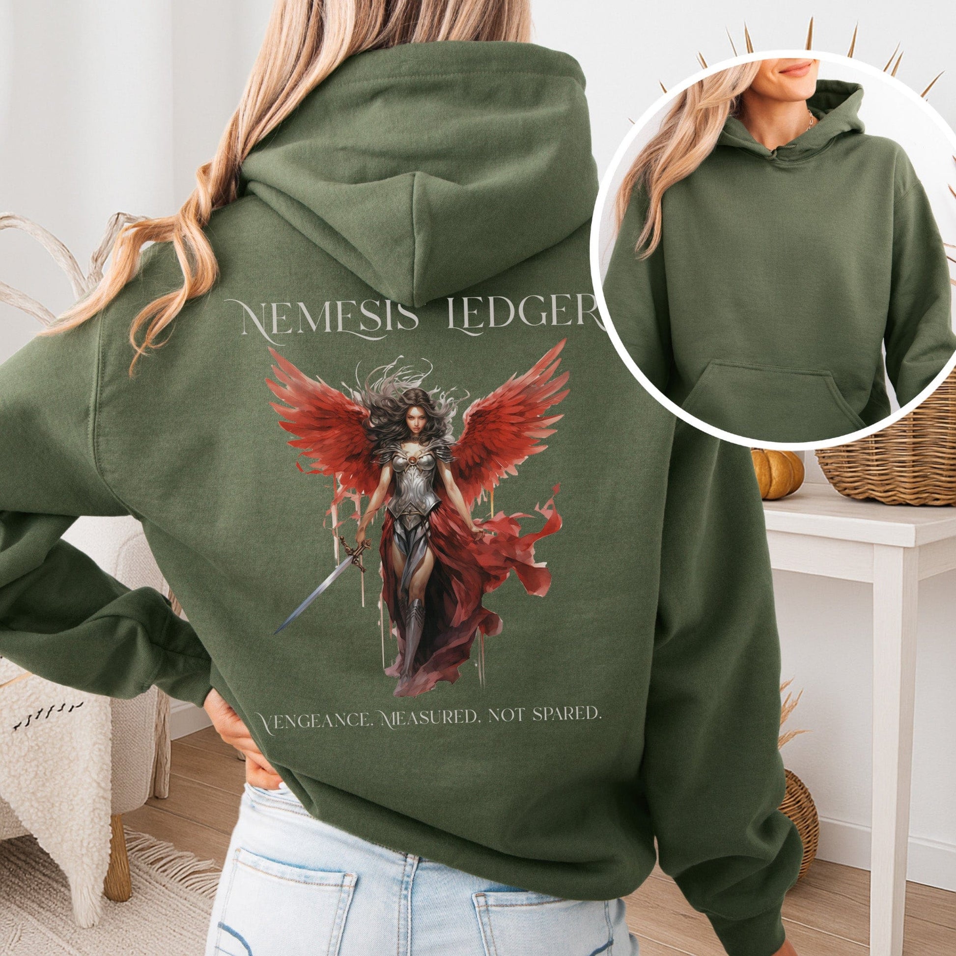 Hoodie Military Green / S Nemesis' Ledger Hoodie – Goddess of Justice Tee The Mystic Eden