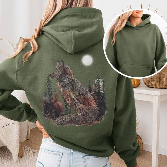 Hoodie Military Green / S Nightfall Wolf Hoodie – Mystical Forestcore Tee The Mystic Eden