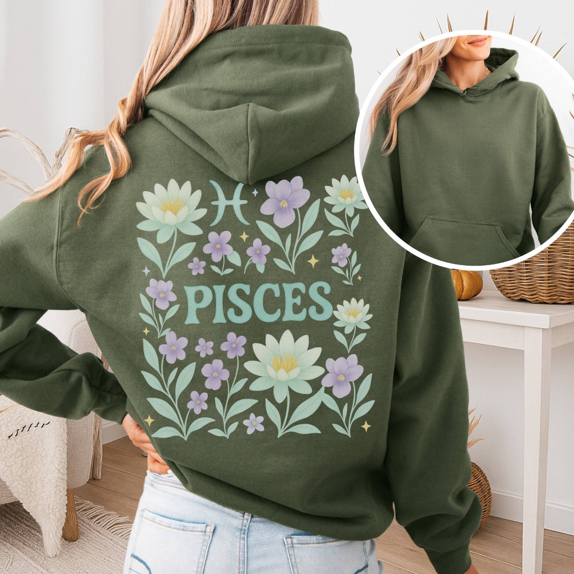 Hoodie Military Green / S Pisces Hoodie – Retro Floral Zodiac Sweatshirt The Mystic Eden