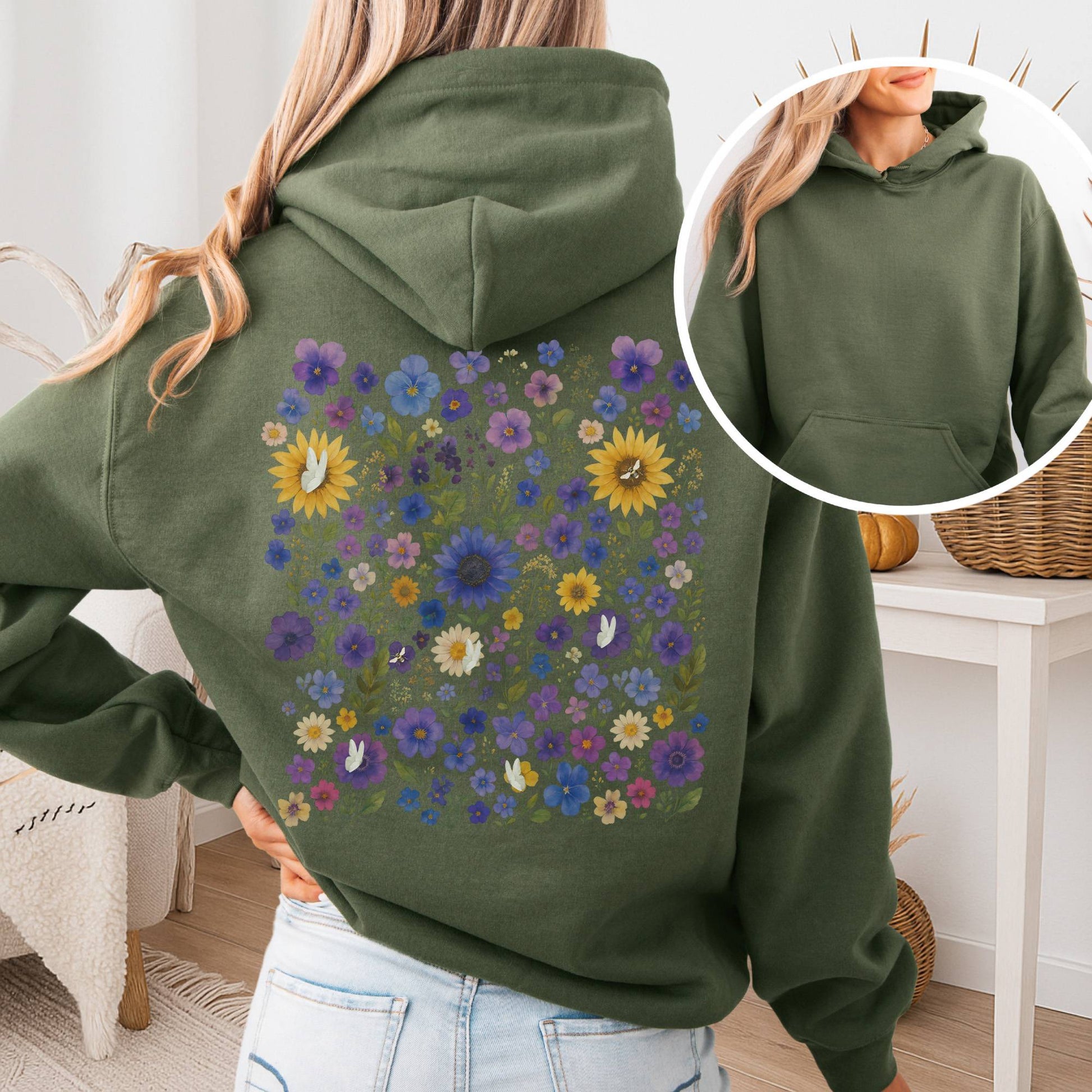 Hoodie Military Green / S Sunflower Garden Hoodie β Vibrant Bloom Tee The Mystic Eden