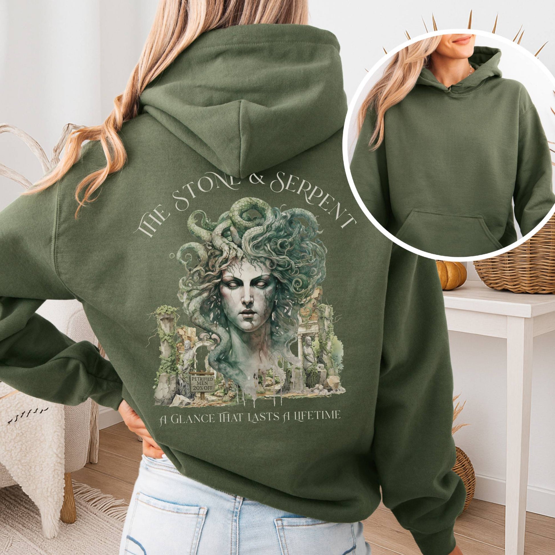 Hoodie Military Green / S The Stone & Serpent Hoodie β Medusa Mythology Tee The Mystic Eden