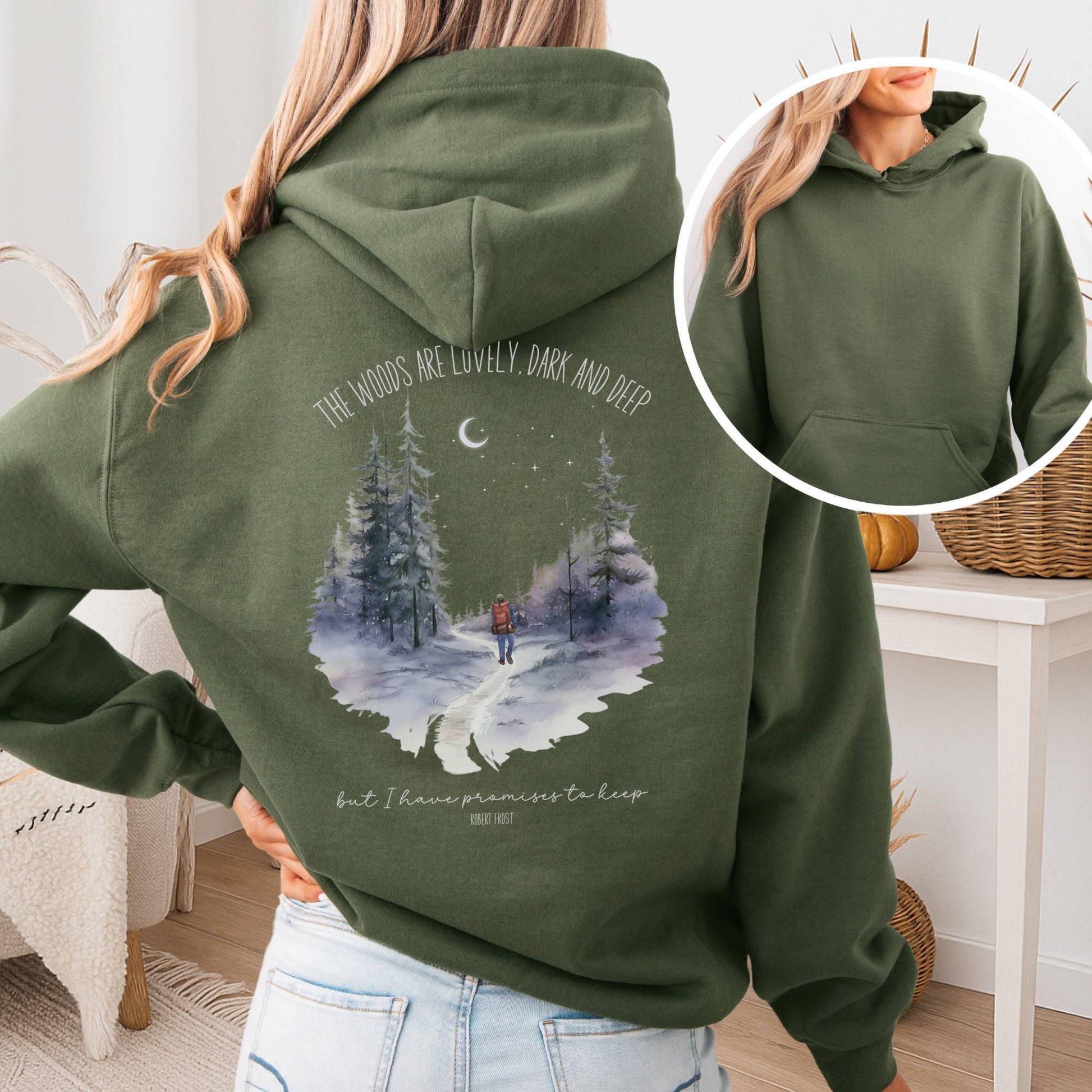 Hoodie Military Green / S The Woods Are Lovely Robert Frost Hoodie โ Winter Poetry Tee The Mystic Eden