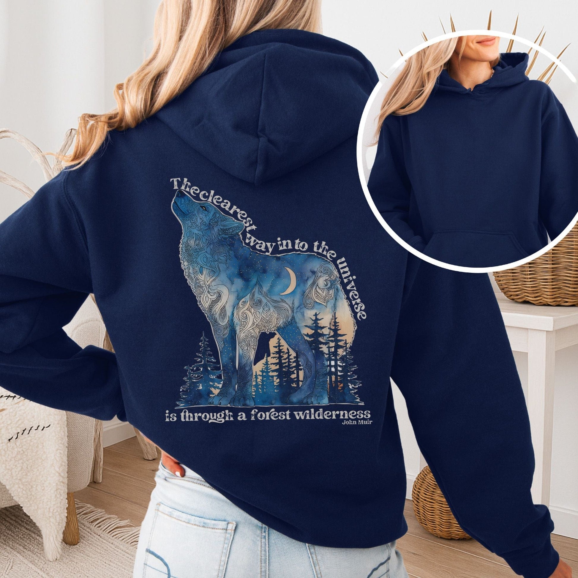 Hoodie Navy / S Forest Wilderness Wolf Hoodie โ Nature Quote Tee The Mystic Eden