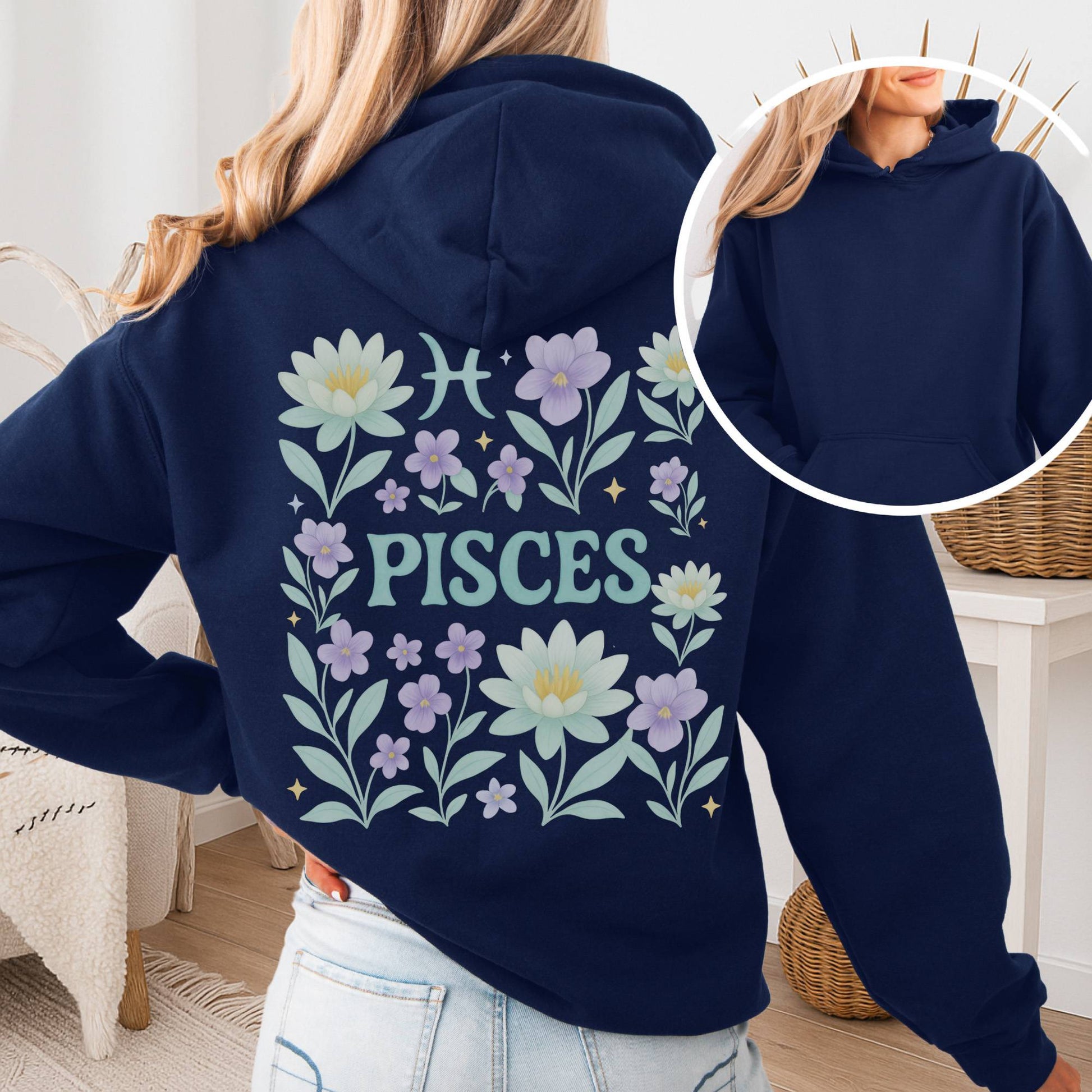 Hoodie Navy / S Pisces Hoodie – Retro Floral Zodiac Sweatshirt The Mystic Eden