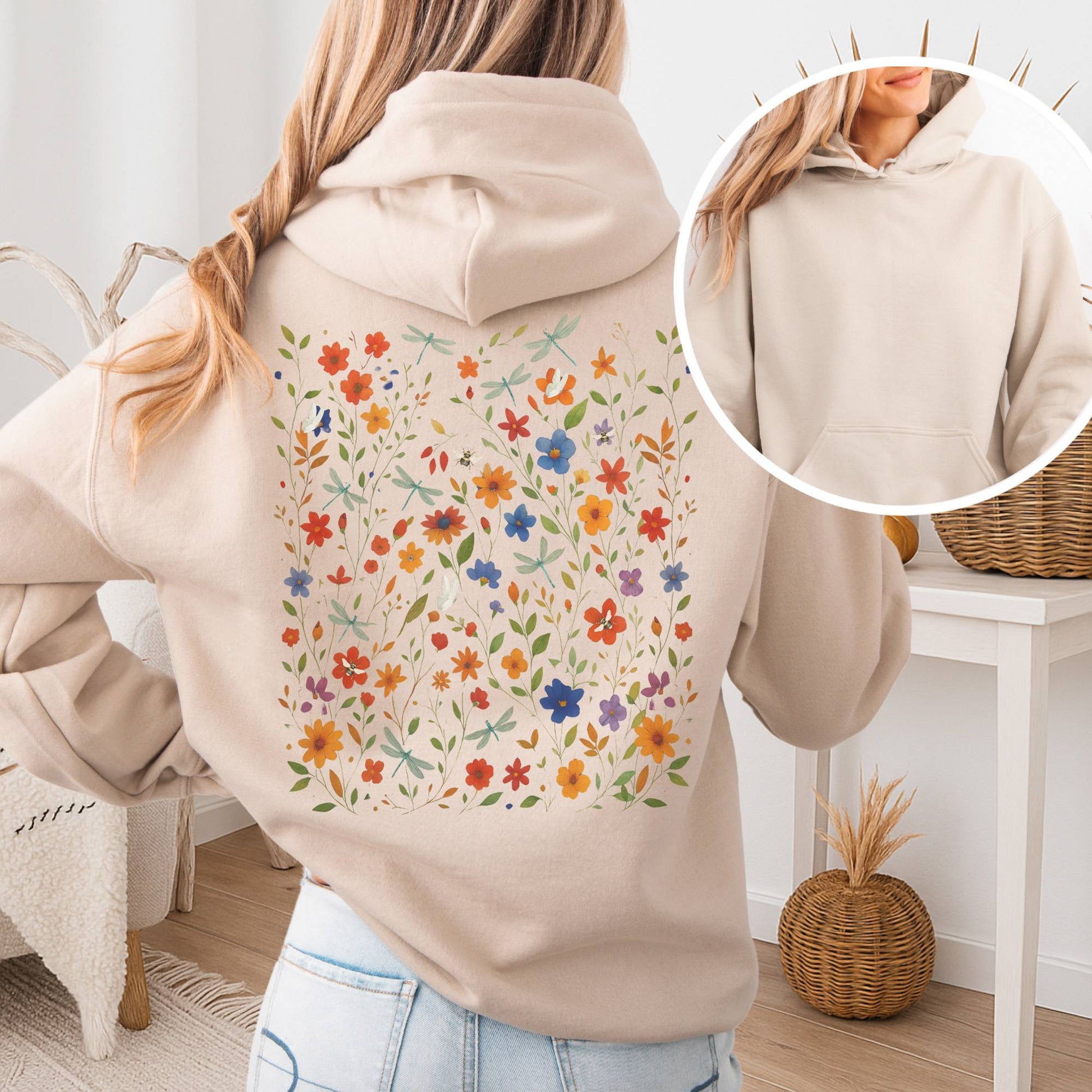 Hoodie Sand / S Dragonfly Meadow Hoodie โ Whimsical Floral Tee The Mystic Eden