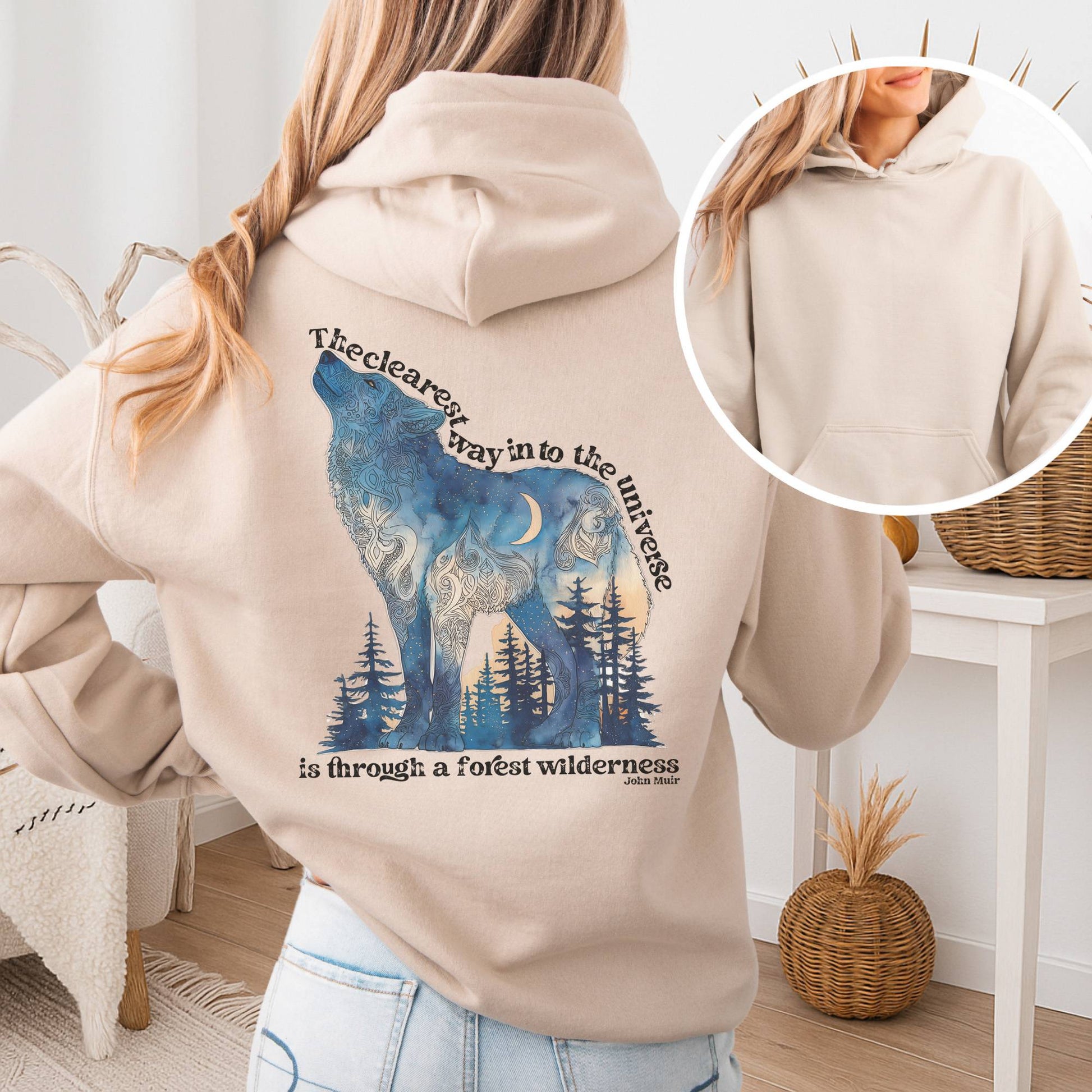 Hoodie Sand / S Forest Wilderness Wolf Hoodie โ Nature Quote Tee The Mystic Eden