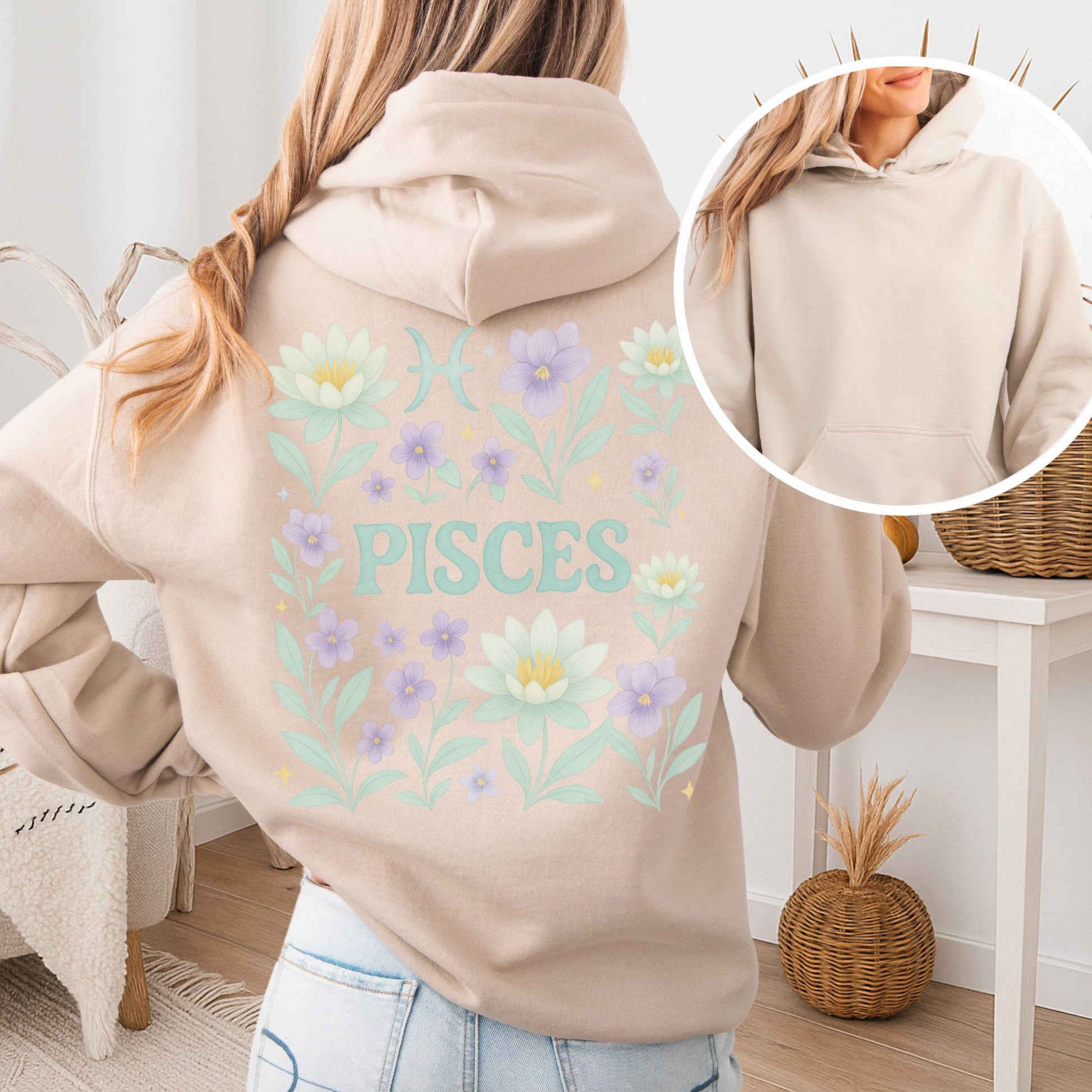 Hoodie Sand / S Pisces Hoodie – Retro Floral Zodiac Sweatshirt The Mystic Eden