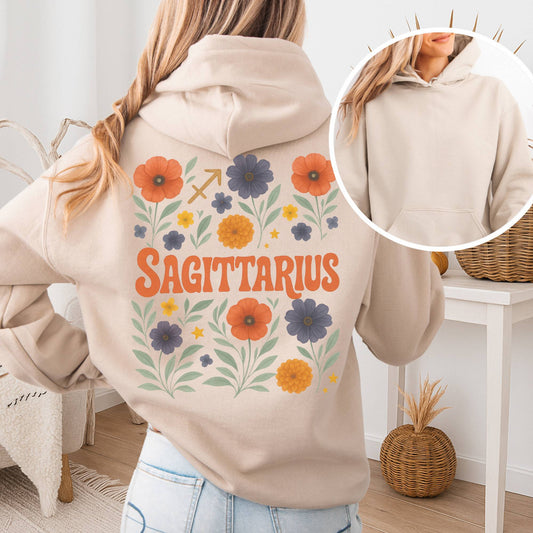 Hoodie Sand / S Sagittarius Hoodie β Retro Floral Zodiac Sweatshirt The Mystic Eden
