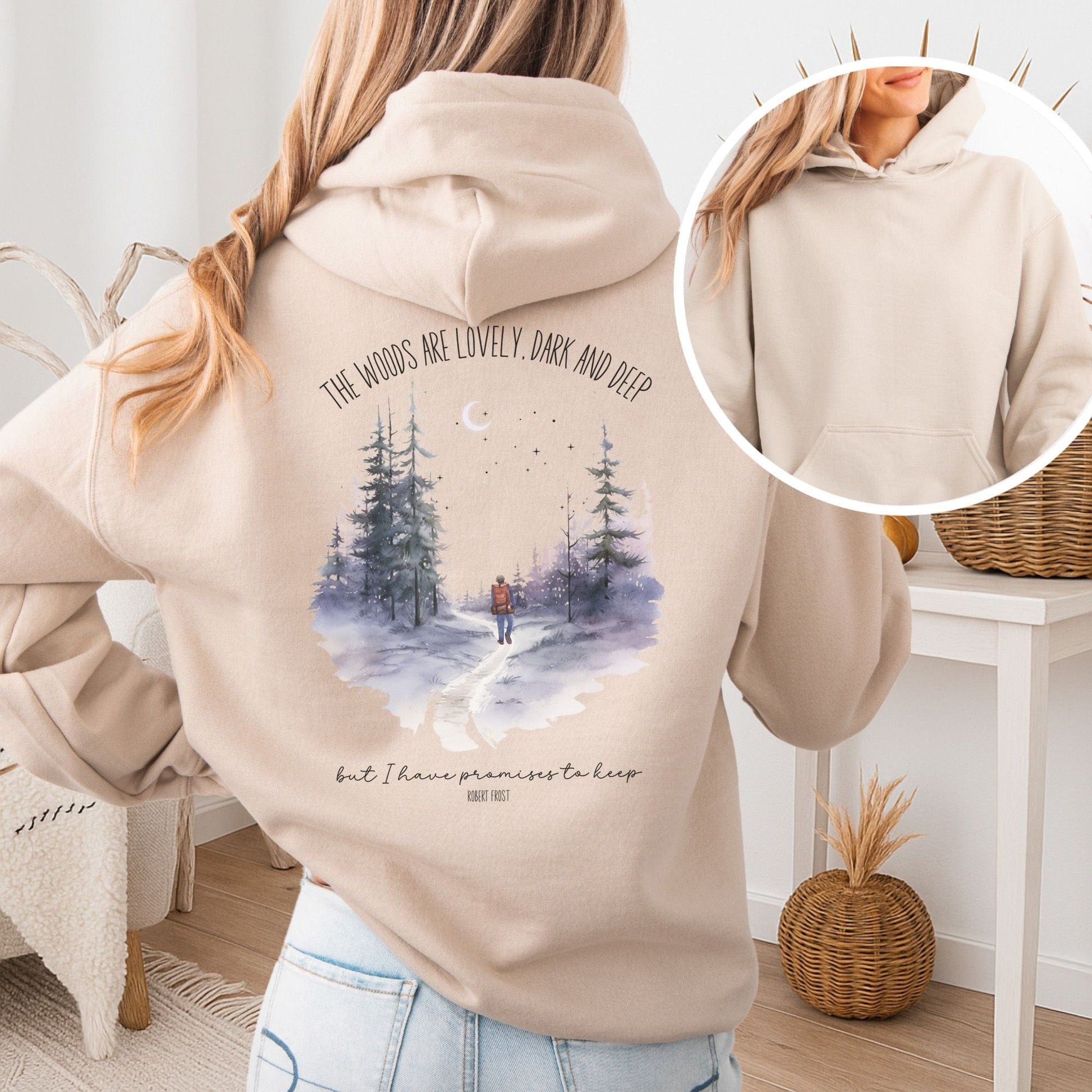 Hoodie Sand / S The Woods Are Lovely Robert Frost Hoodie โ Winter Poetry Tee The Mystic Eden