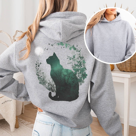 Hoodie Sport Grey / S Midnight Cat in the Forest Hoodie – Cozy Celestial Hoodie The Mystic Eden