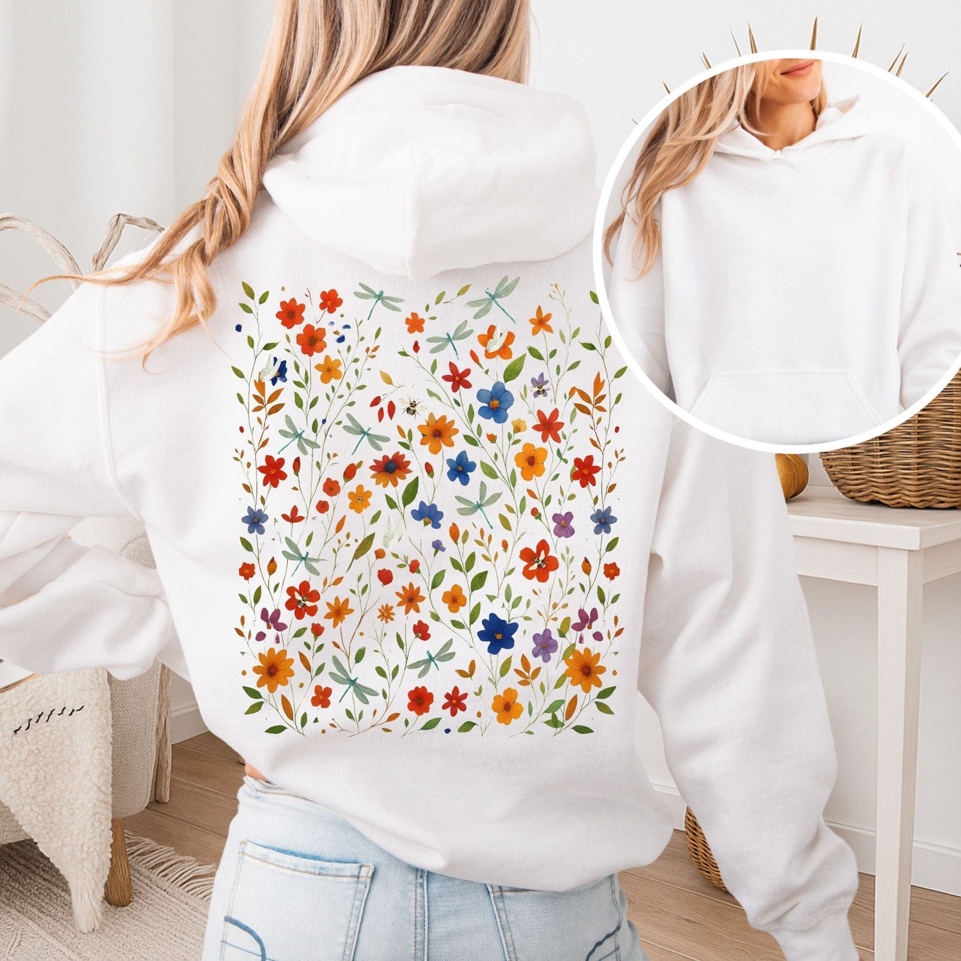 Hoodie White / S Dragonfly Meadow Hoodie โ Whimsical Floral Tee The Mystic Eden
