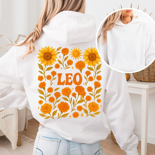 Hoodie White / S Leo Hoodie – Retro Floral Zodiac Sweatshirt The Mystic Eden