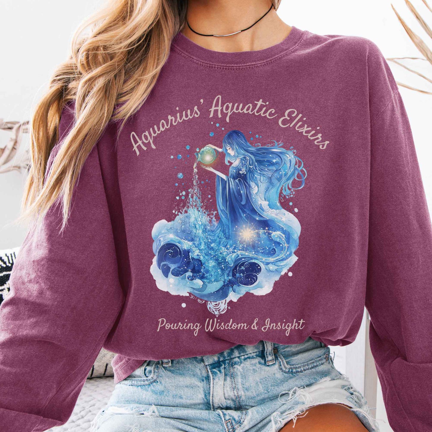 Long-sleeve Berry / S Aquarius Aquatic Elixirs Zodiac Long Sleeve Tee The Mystic Eden
