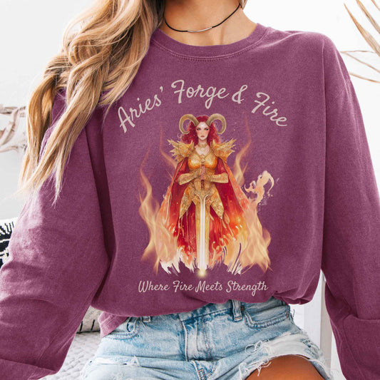 Long-sleeve Berry / S Aries' Forge & Fire Zodiac Long Sleeve Tee The Mystic Eden